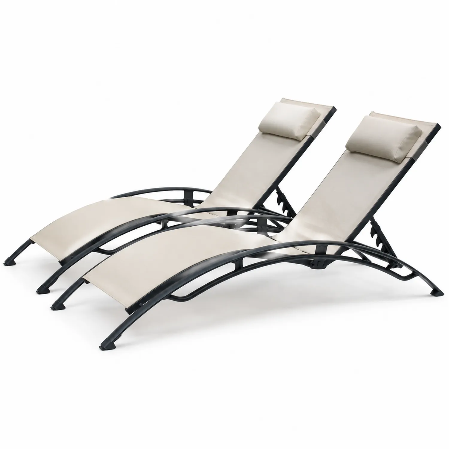Lot de 2 chaises longues en acier avec tissu polyester beige et appuie-têtes réglables