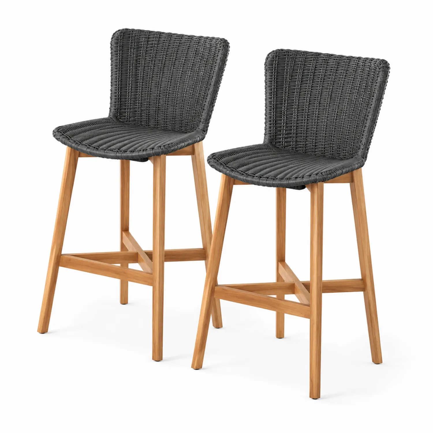 Tabourets de Bar en Rotin Noir et Cadre en Teck