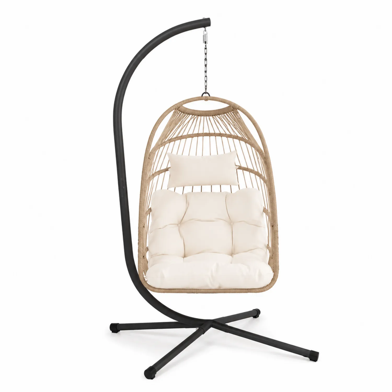 Chaise suspendue en osier avec support en acier et coussin crème