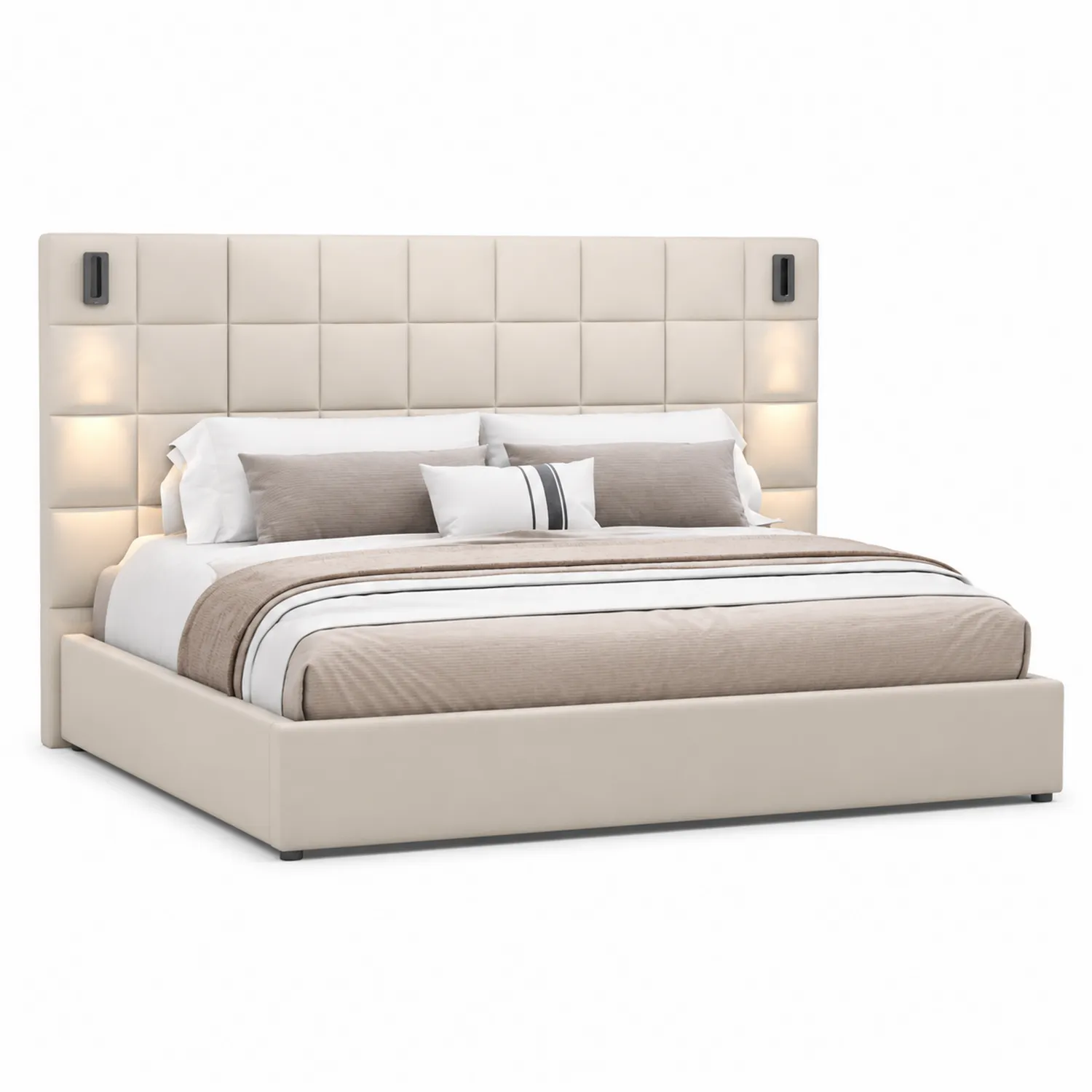 Lit double en similicuir beige avec tête de lit éclairée 200x160 cm