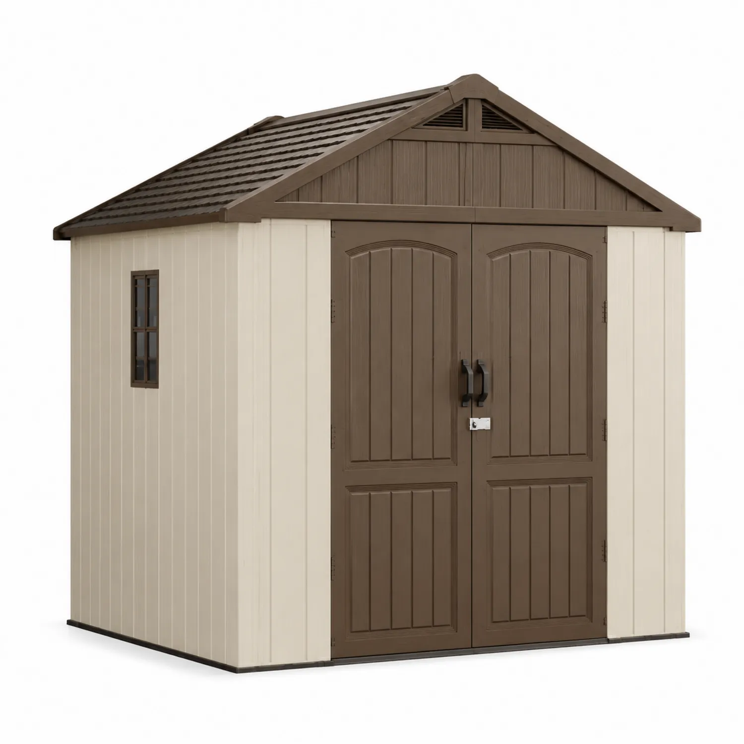 Abri de jardin en plastique marron et beige avec portes doubles et fenêtre
