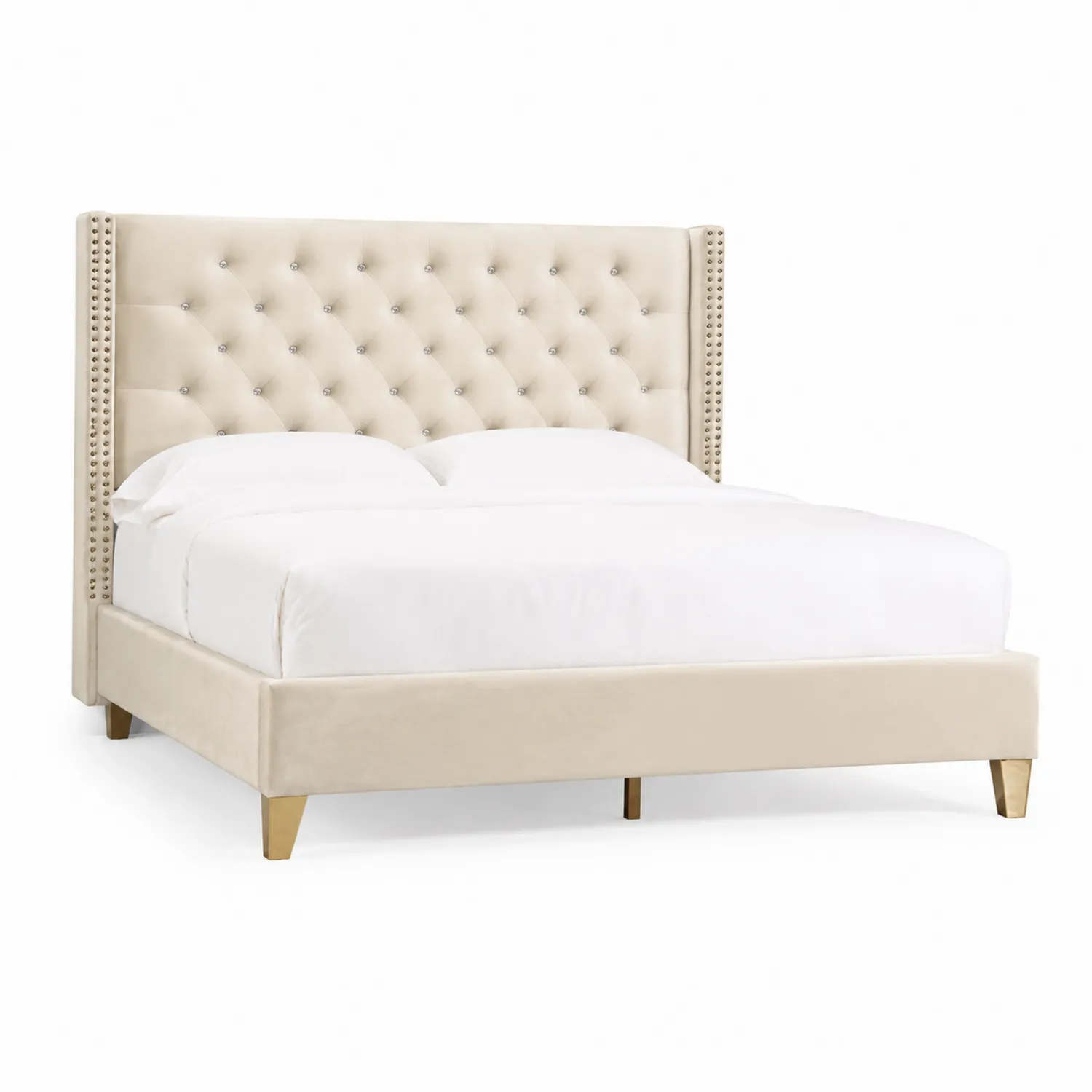 Lit double en velours Beige avec tête de lit capitonnée