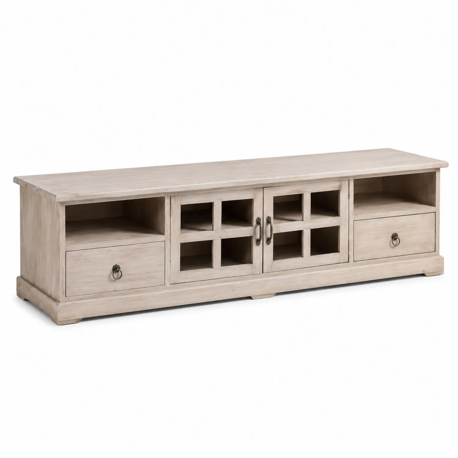 Meuble TV en bois avec portes en verre et tiroirs