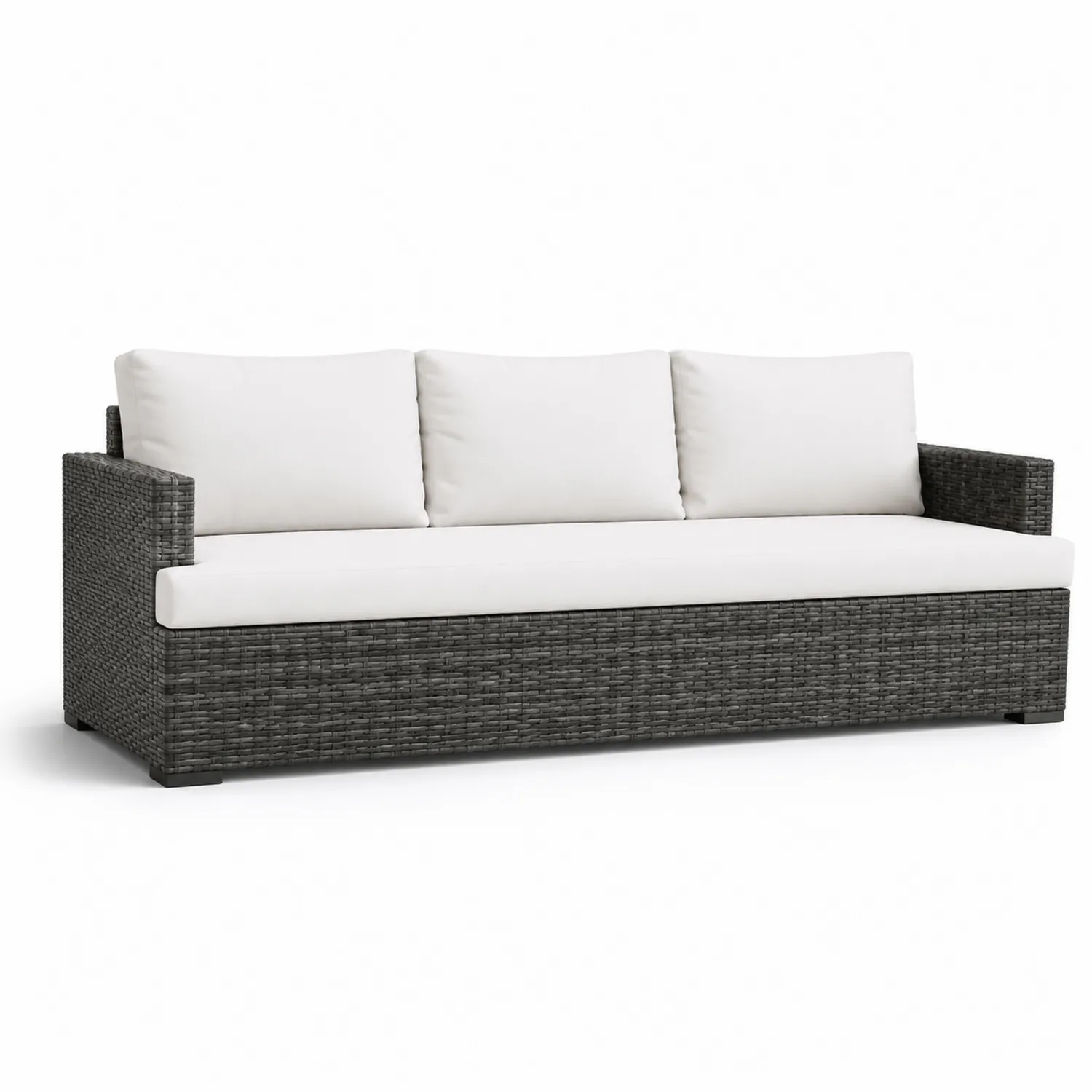 Canapé de jardin en rotin avec coussins blancs 220x85x73 cm