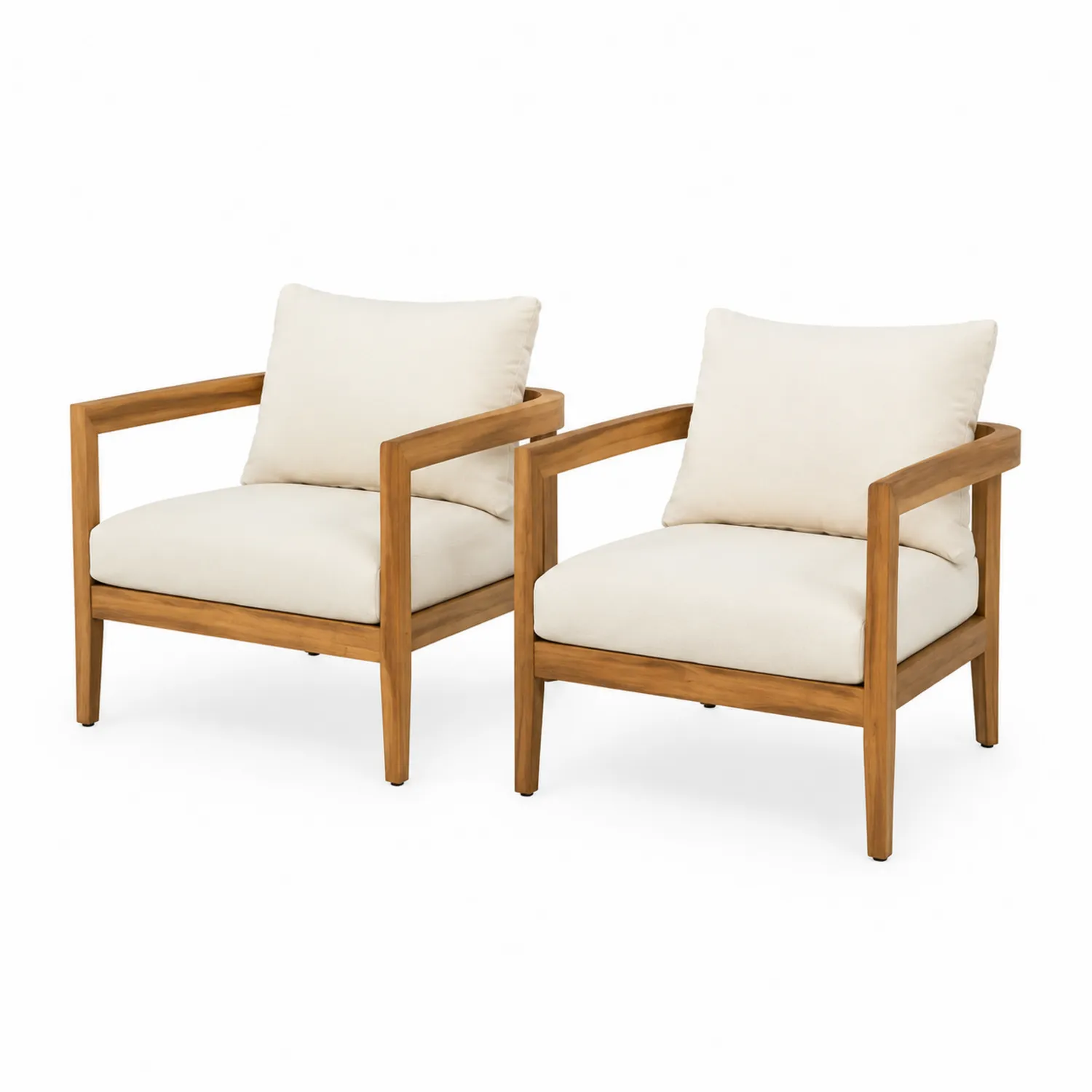 Ensemble de 2 fauteuils d'extérieur en bois d'acacia avec coussins en tissu Oléfine Crème