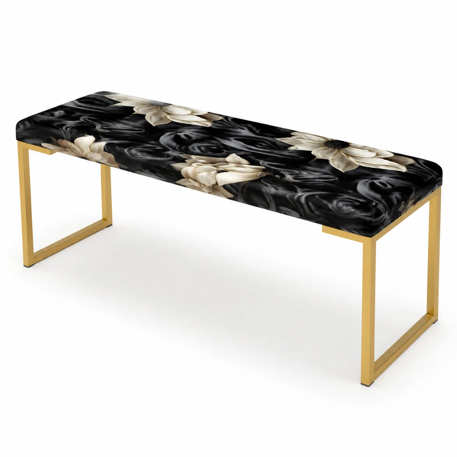 Banc en métal et tissu floral noir et beige