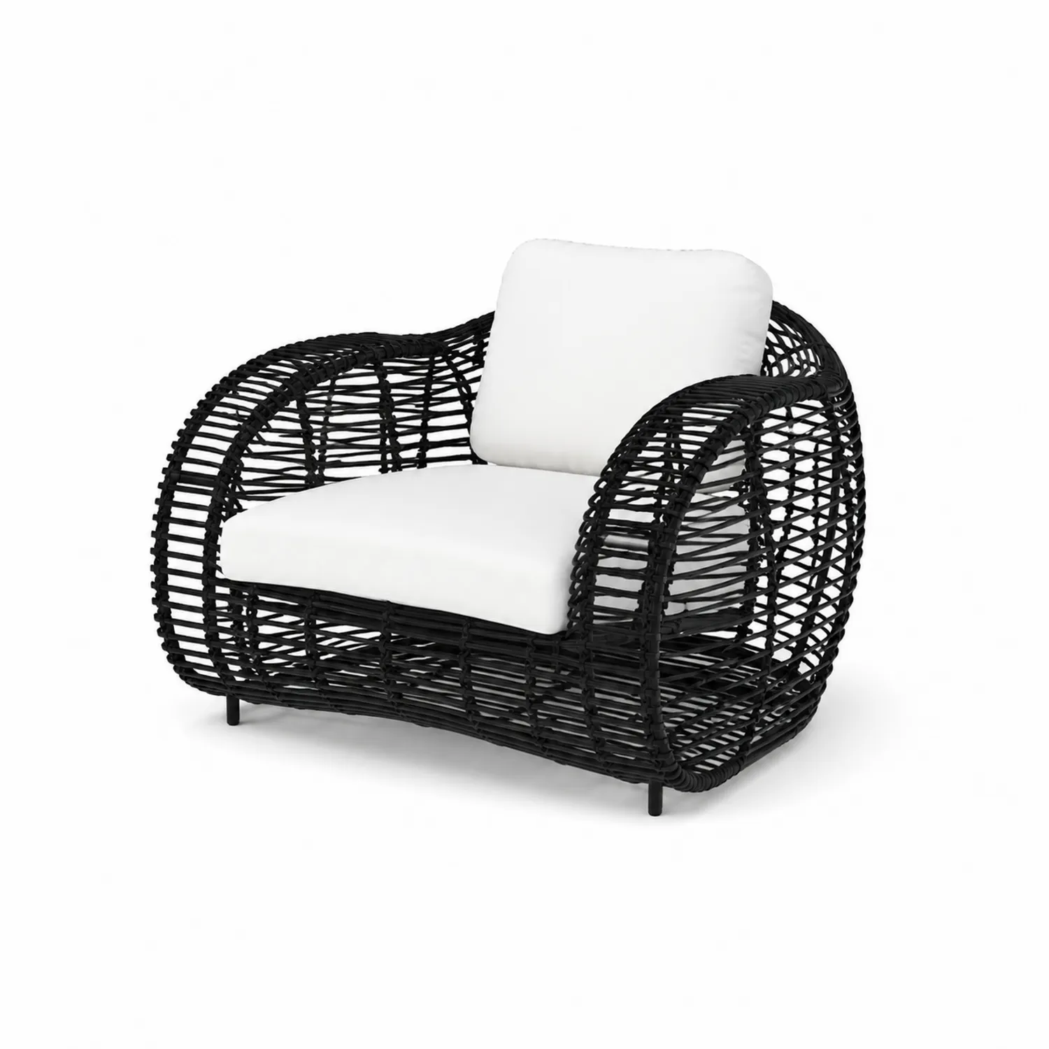 Fauteuil en rotin synthétique noir avec coussins blancs