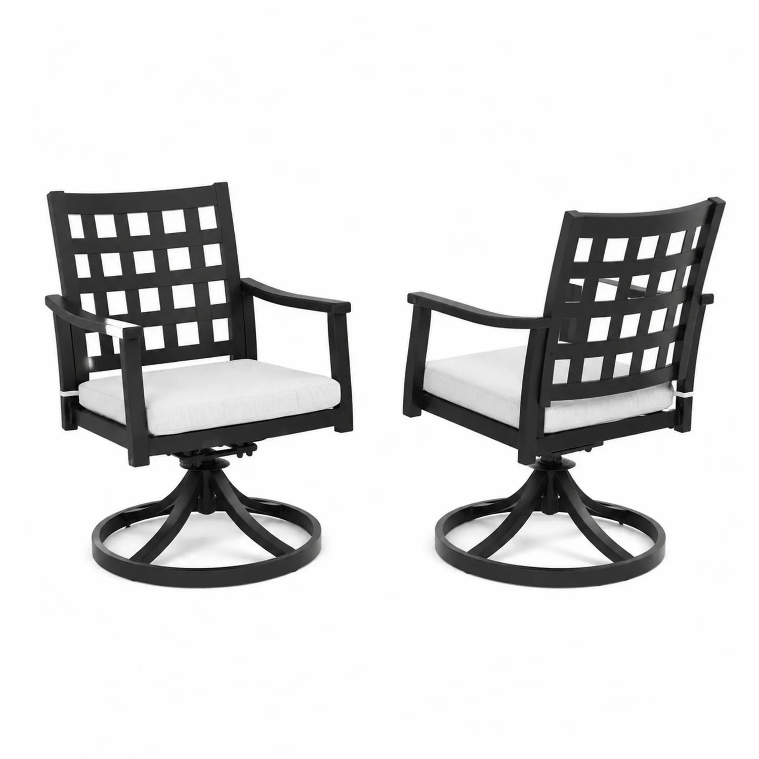 Lot de 2 chaises pivotantes en métal noir avec coussins en tissu gris