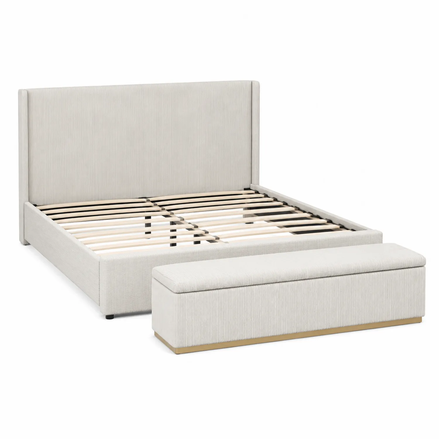 Lit en tissu beige avec banc de rangement 200 cm x 160 cm