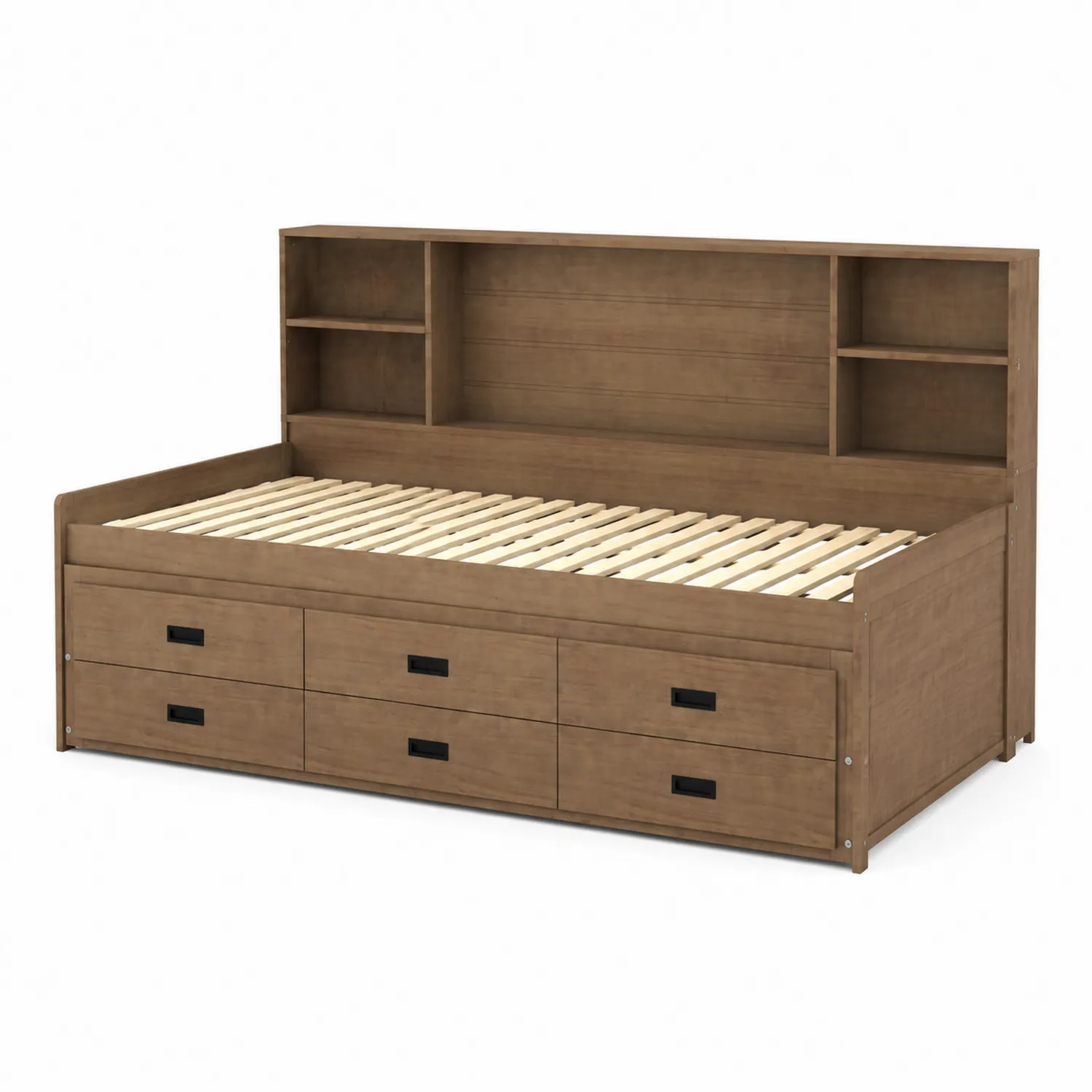 Lit en bois avec rangement, étagères et tiroirs en chêne 200x90 cm