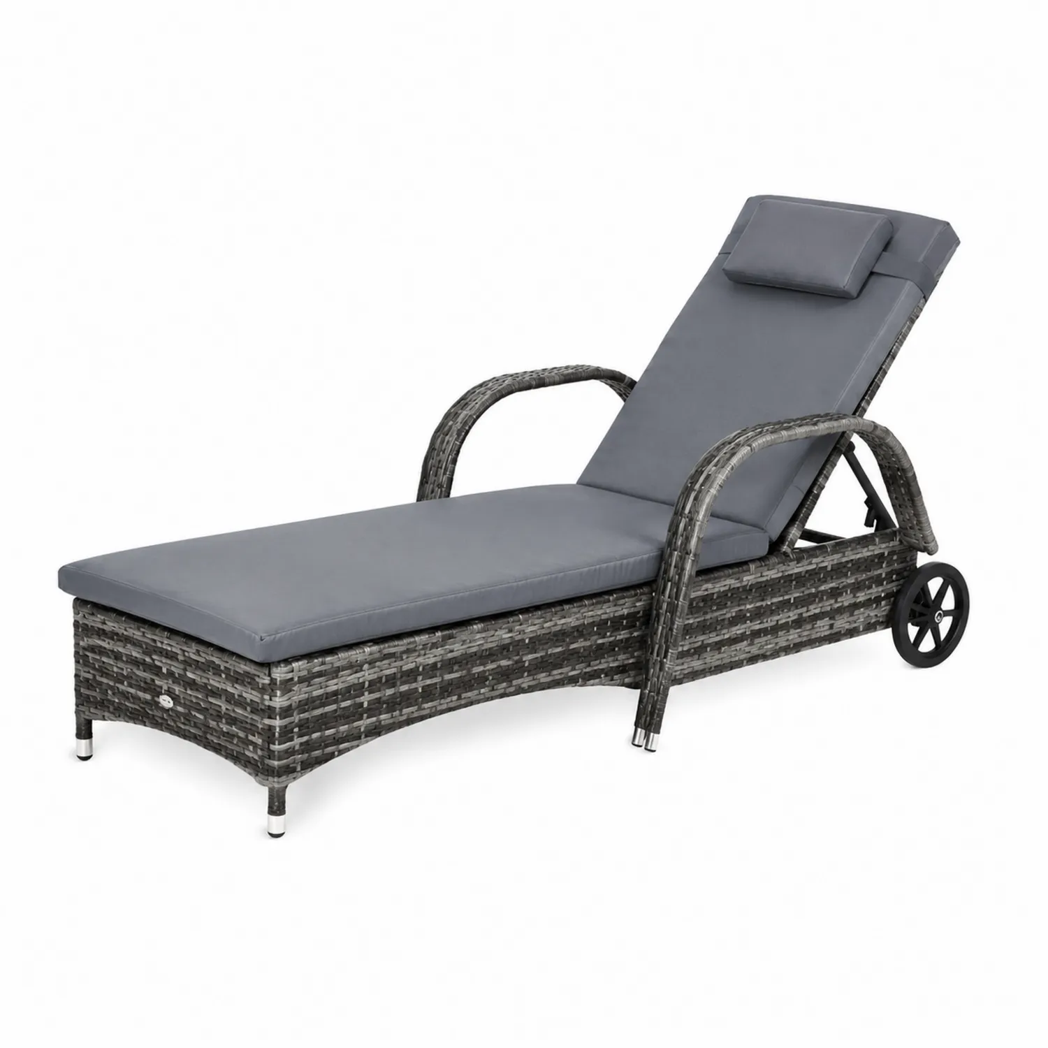 Chaise Longue en Résine Tressée avec Coussin Gris et Roues