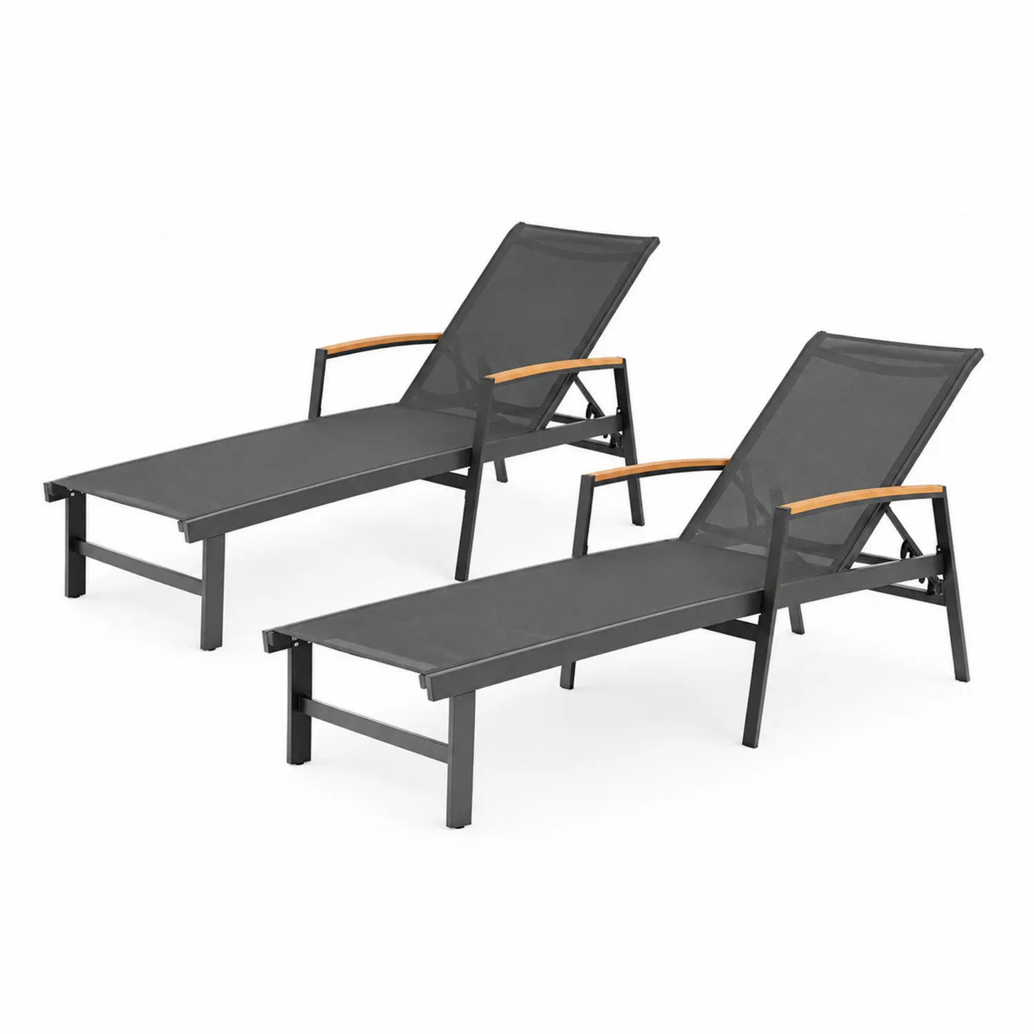 Lot de 2 chaises longues en métal et textile gris avec accoudoirs en bois