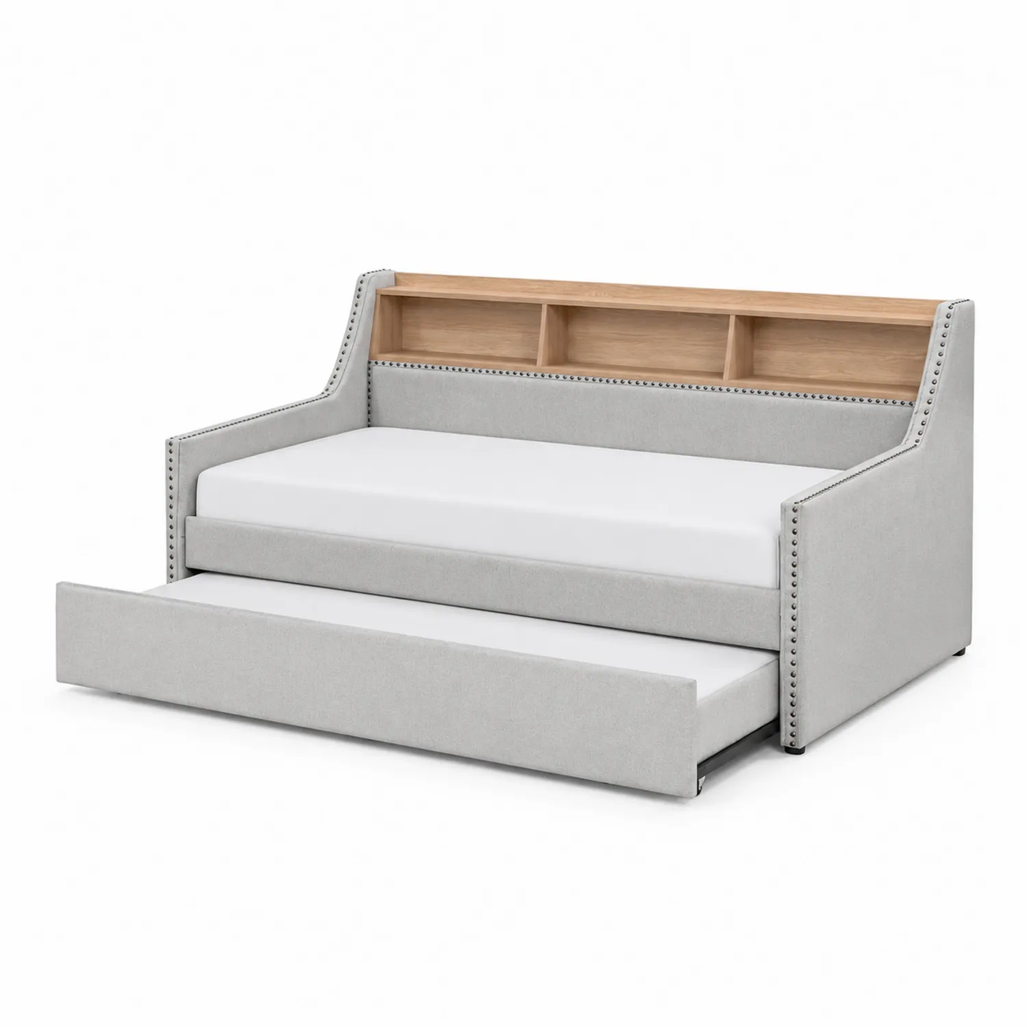 Lit de jour en bois et tissu gris clair avec tiroir