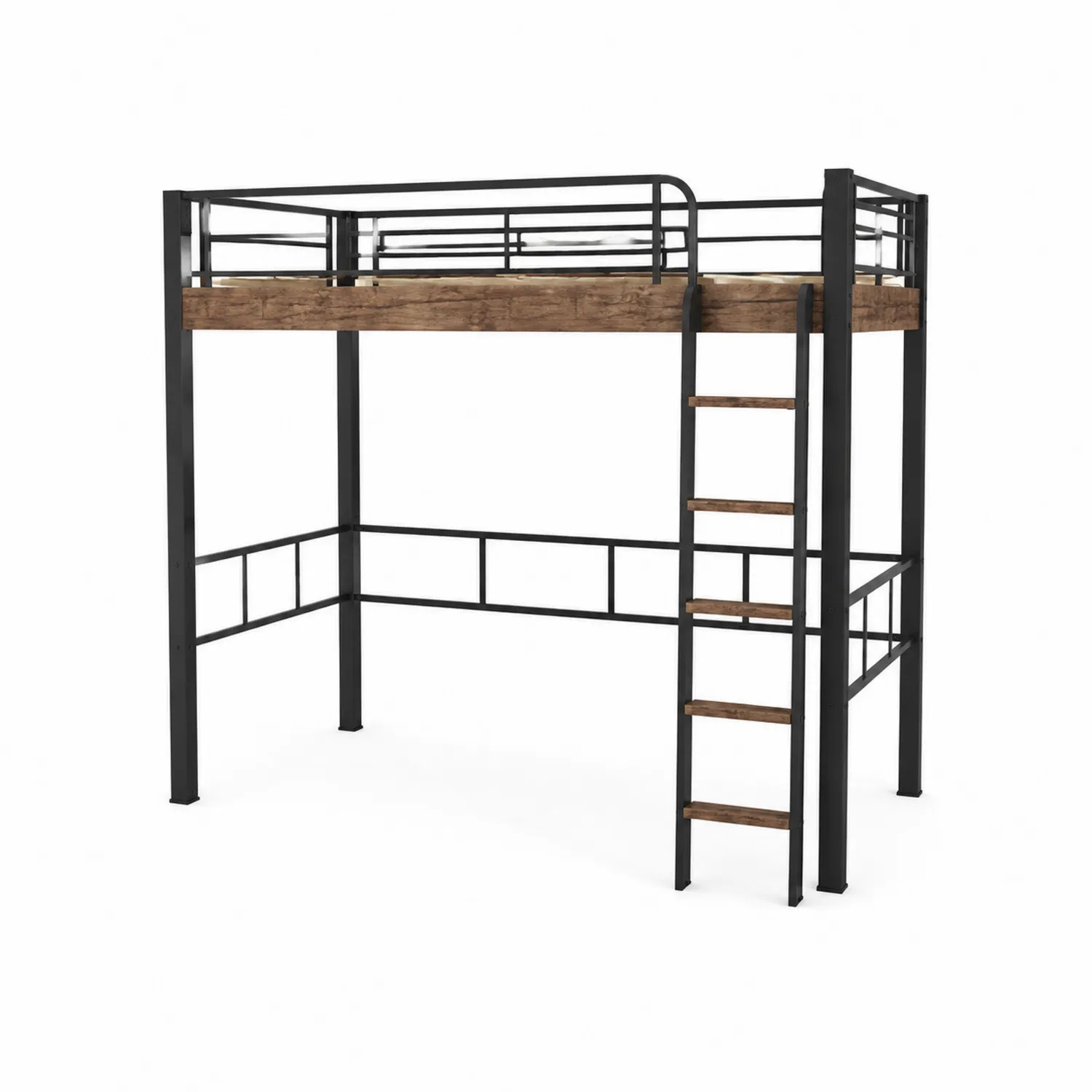 Lit mezzanine en métal noir avec cadre en bois et échelle intégrée 200x140 cm