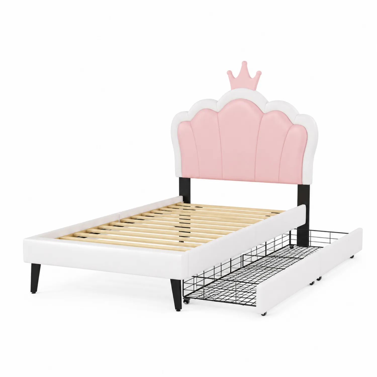 Lit enfant en bois et métal avec tête de lit couronne et tiroir de rangement 90x200 cm Rose/Blanc