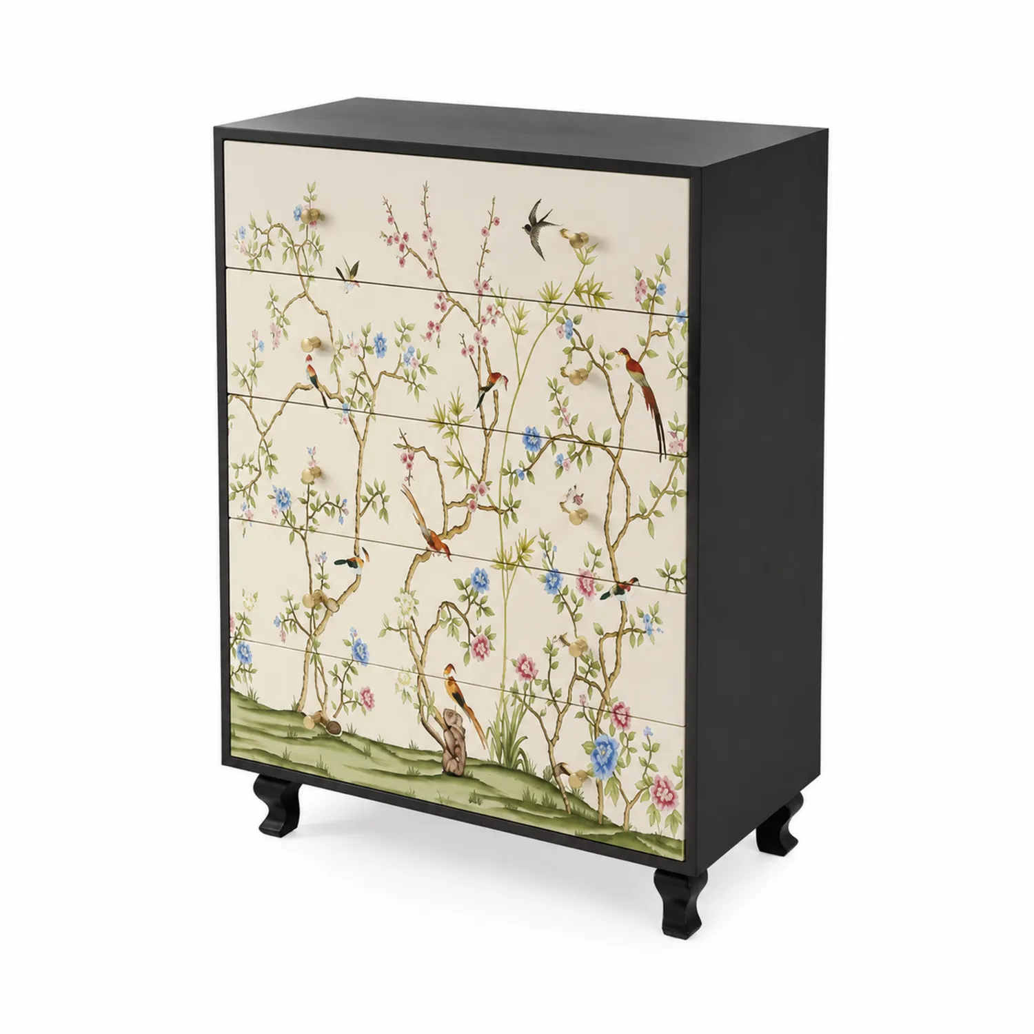 Commode en Bois avec Motif Floral et Oiseaux