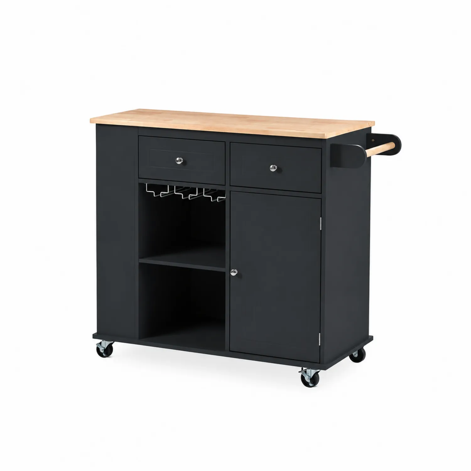 Îlot de Cuisine Noir avec Plateau en Bois de Hêtre et Rangement sur Roulettes