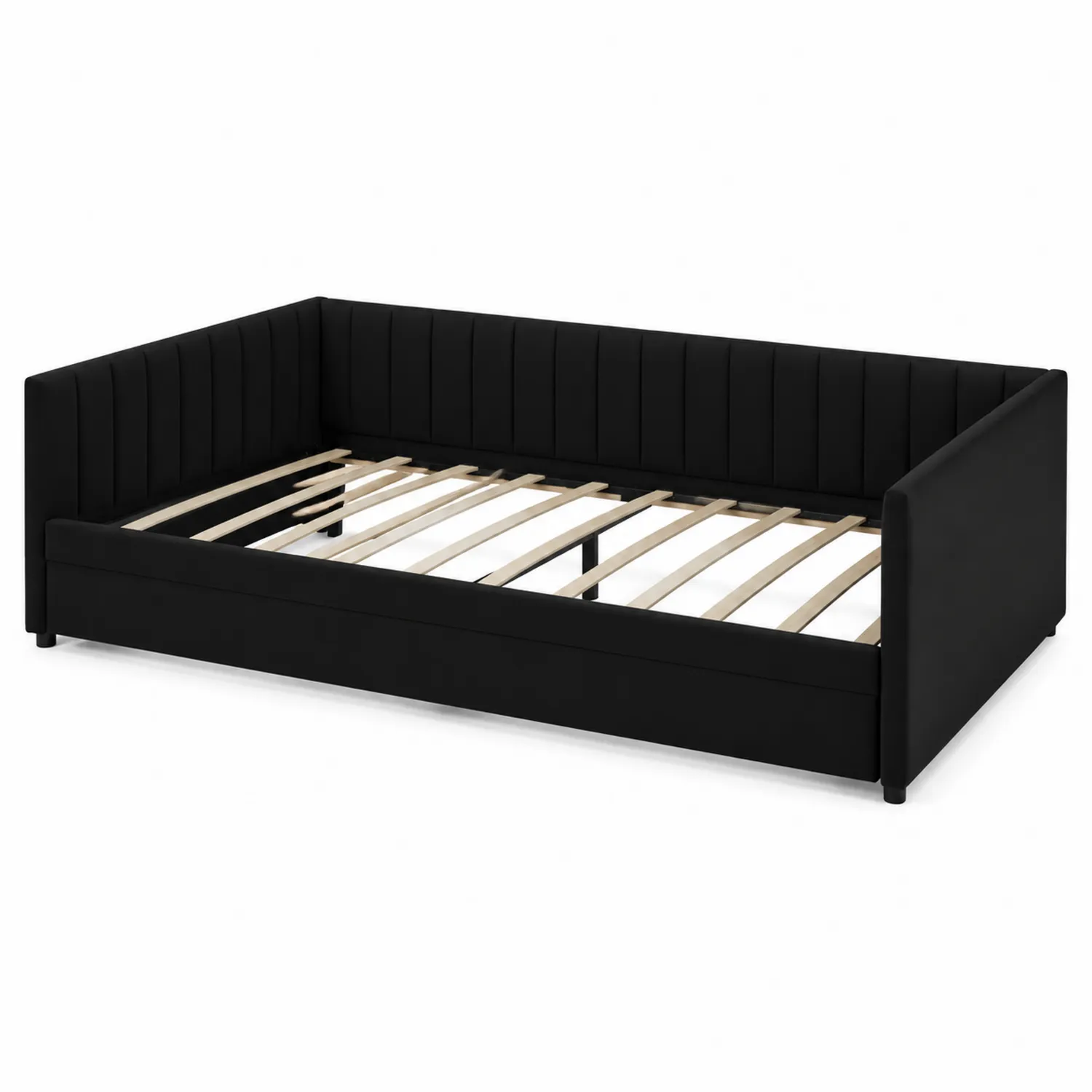 Lit de jour en tissu noir avec lattes en bois