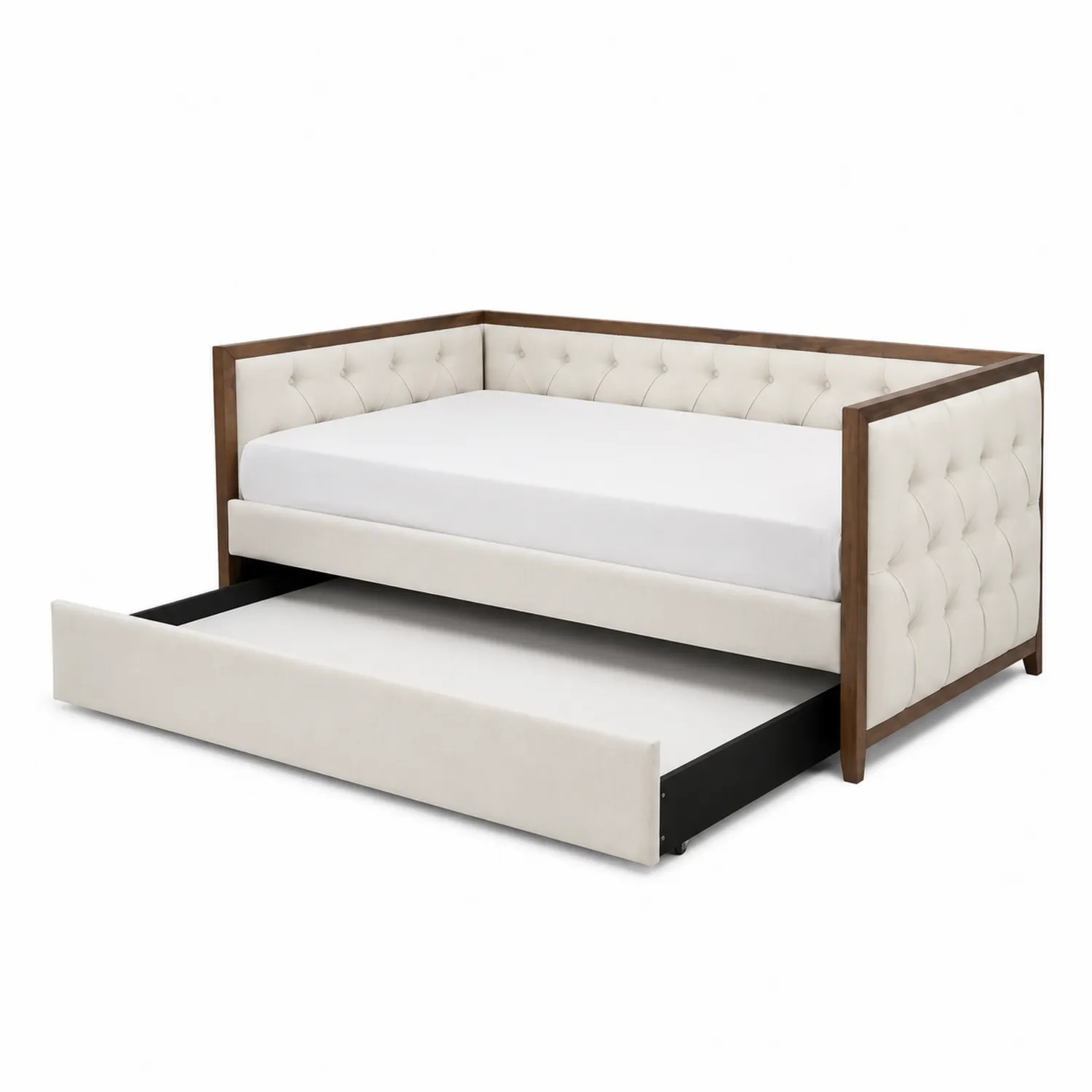 Lit de jour en bois avec tiroir de rangement en tissu crème