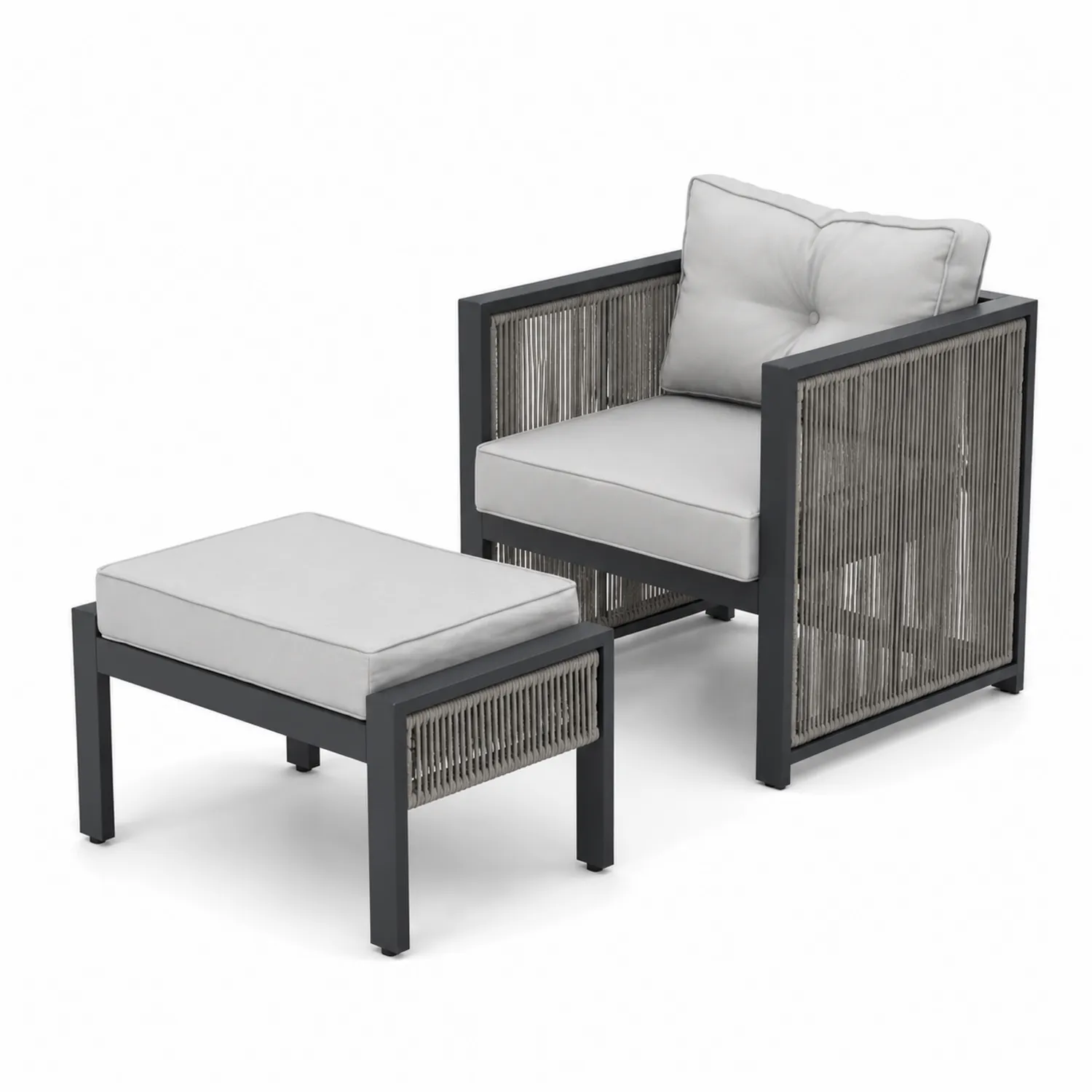 Fauteuil en aluminium et corde avec repose-pieds Gris