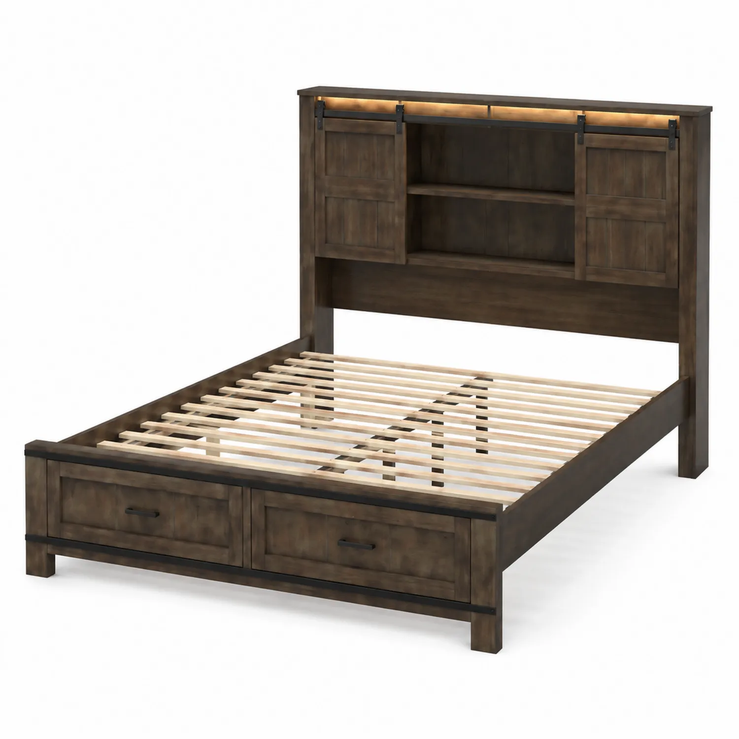Lit double en bois avec rangements et portes coulissantes 200x160 cm