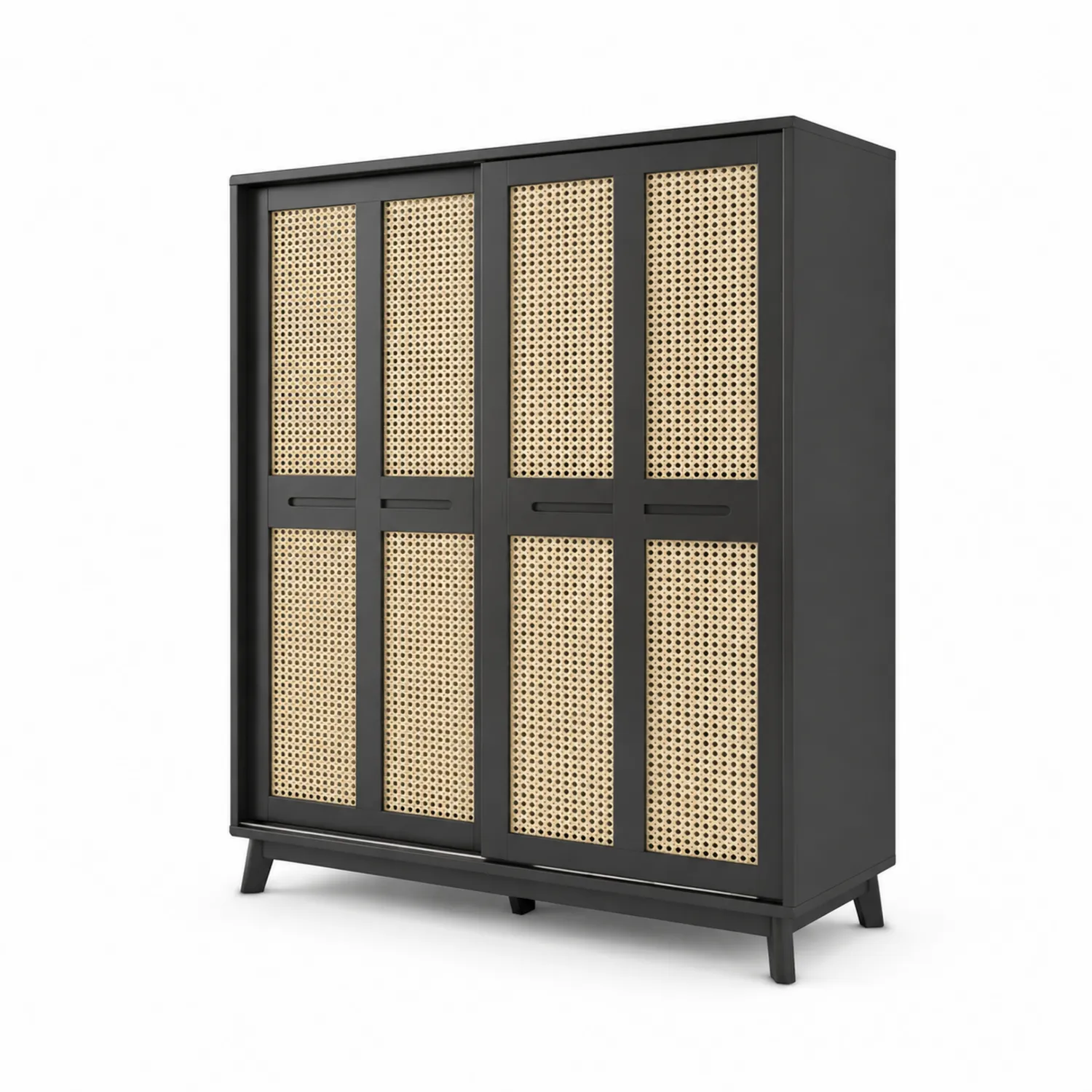 Armoire en Bois et Rotin avec Portes Coulissantes Noires 160x45x200 cm