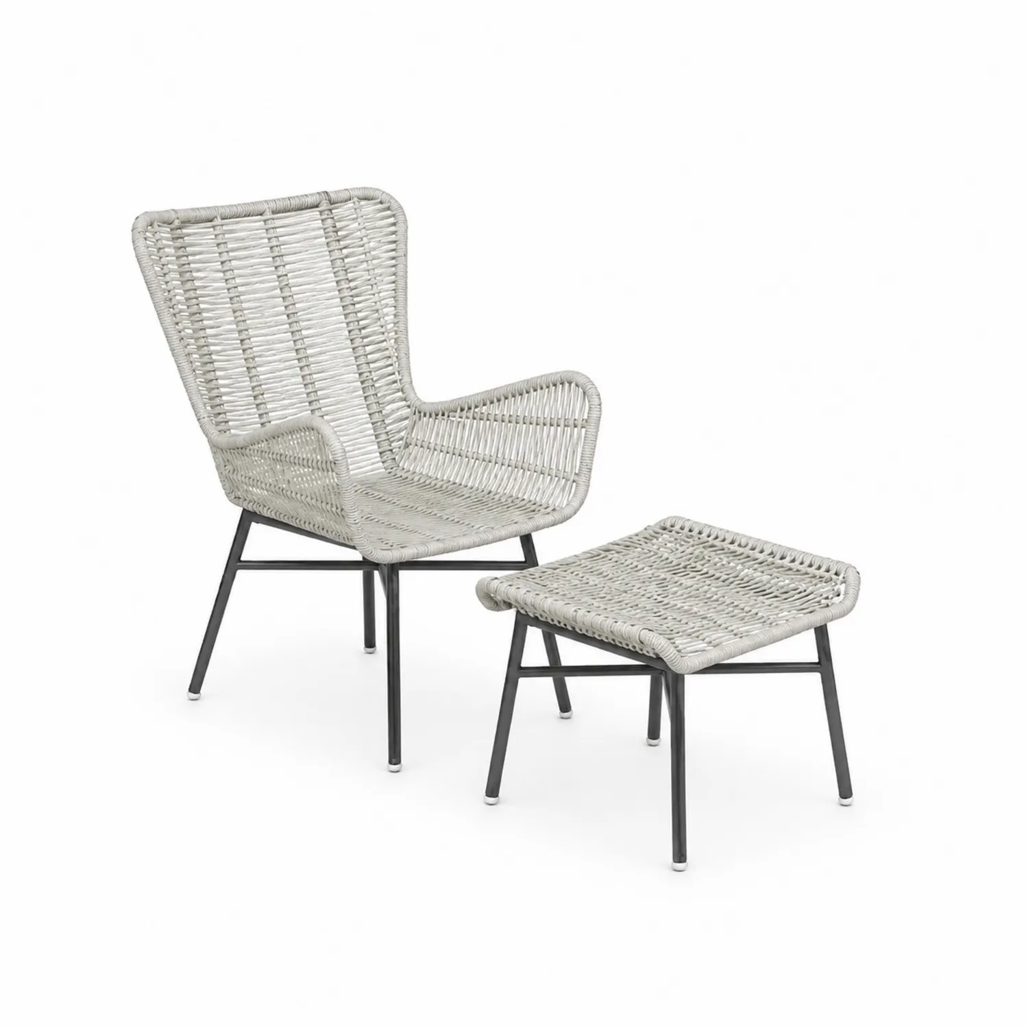 Fauteuil en résine tressée avec repose-pied en acier