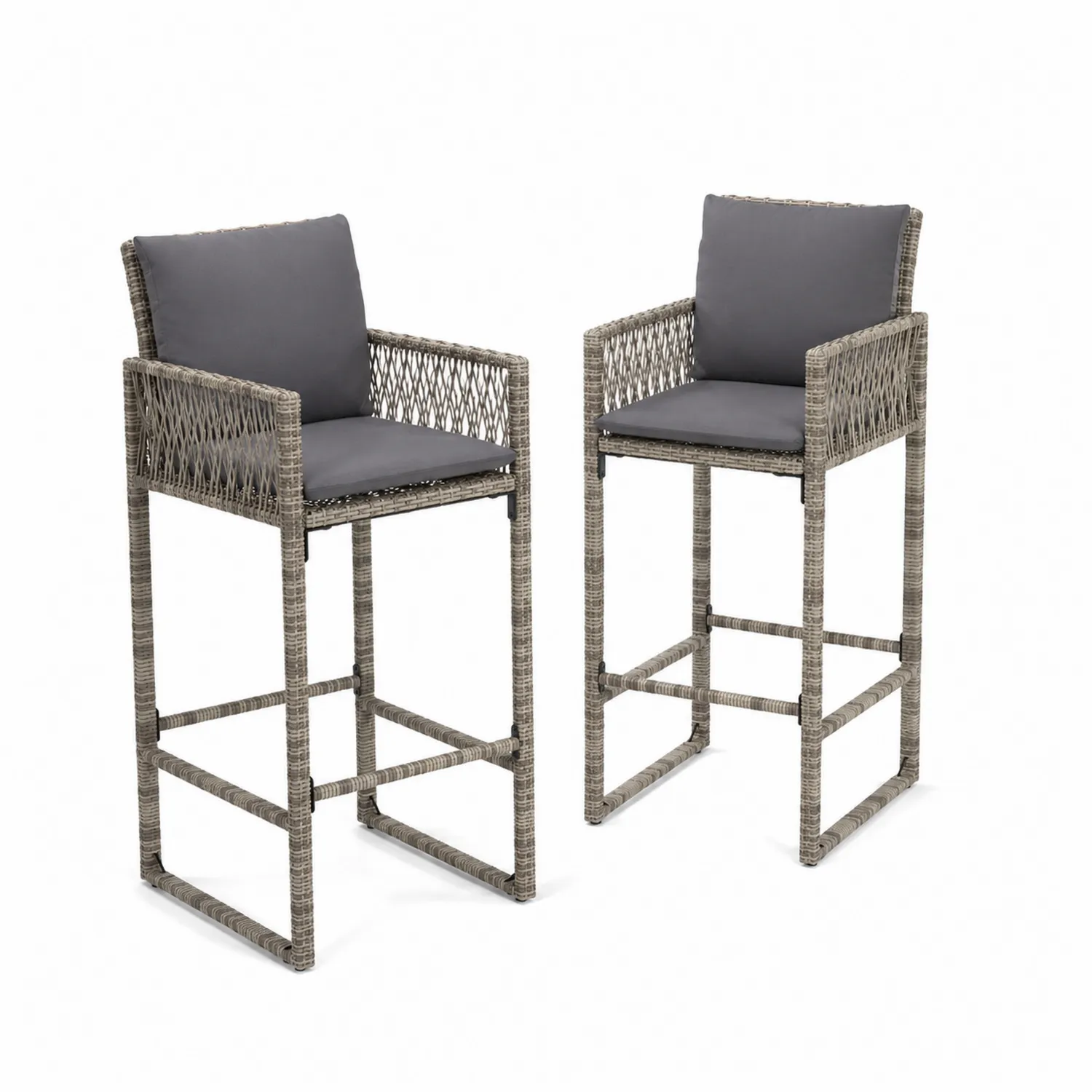 Tabourets de bar en rotin synthétique Gris avec coussins