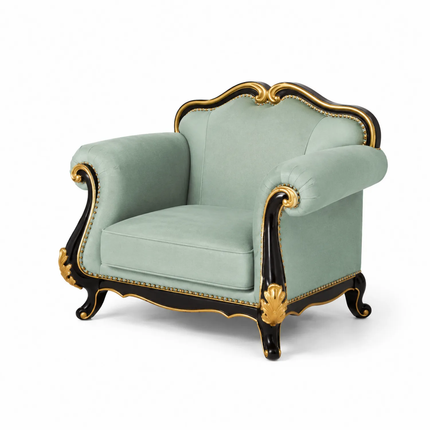 Fauteuil en velours avec accoudoirs en bois doré 100x85x90 cm