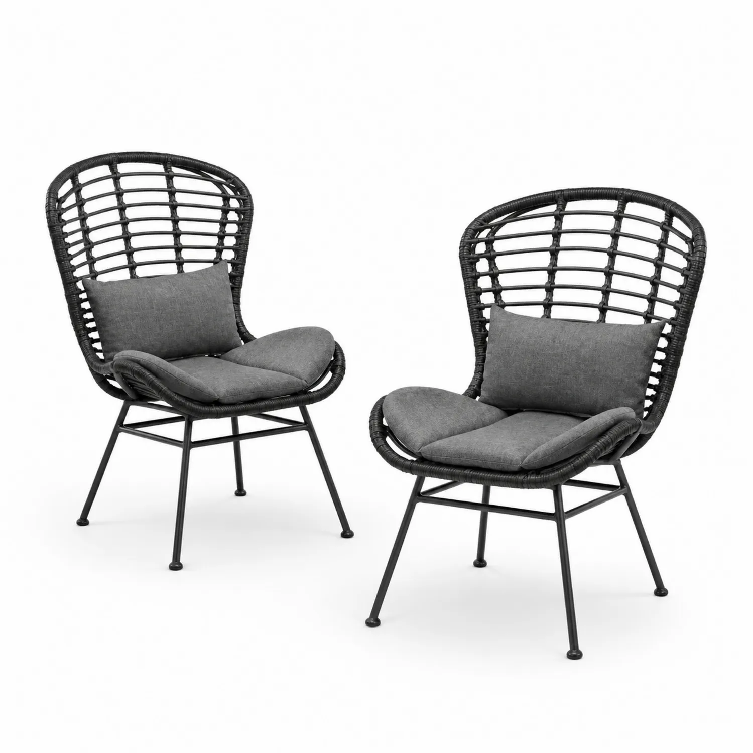 Lot de 2 chaises en résine tressée noire avec coussins gris
