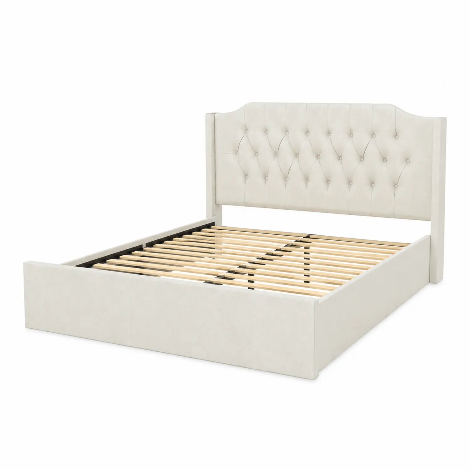 Lit double en velours beige avec tête de lit capitonnée 200x160 cm