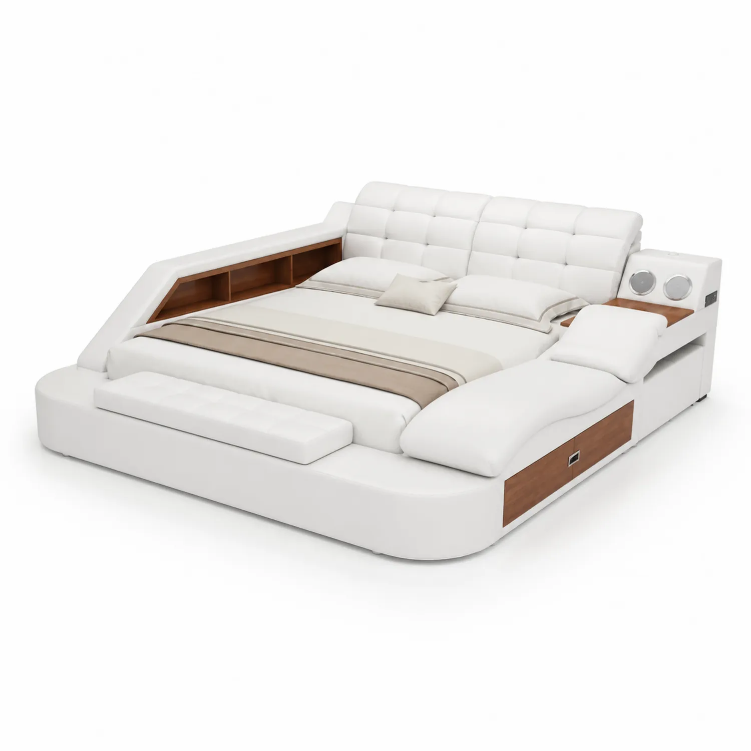 Lit multifonction en cuir synthétique blanc avec rangement et enceinte