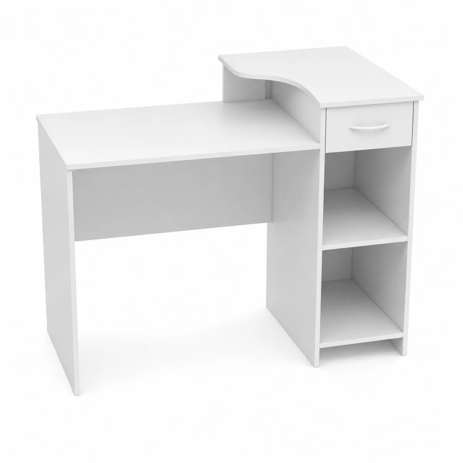 Bureau d'angle blanc en panneaux de particules avec tiroir et étagères