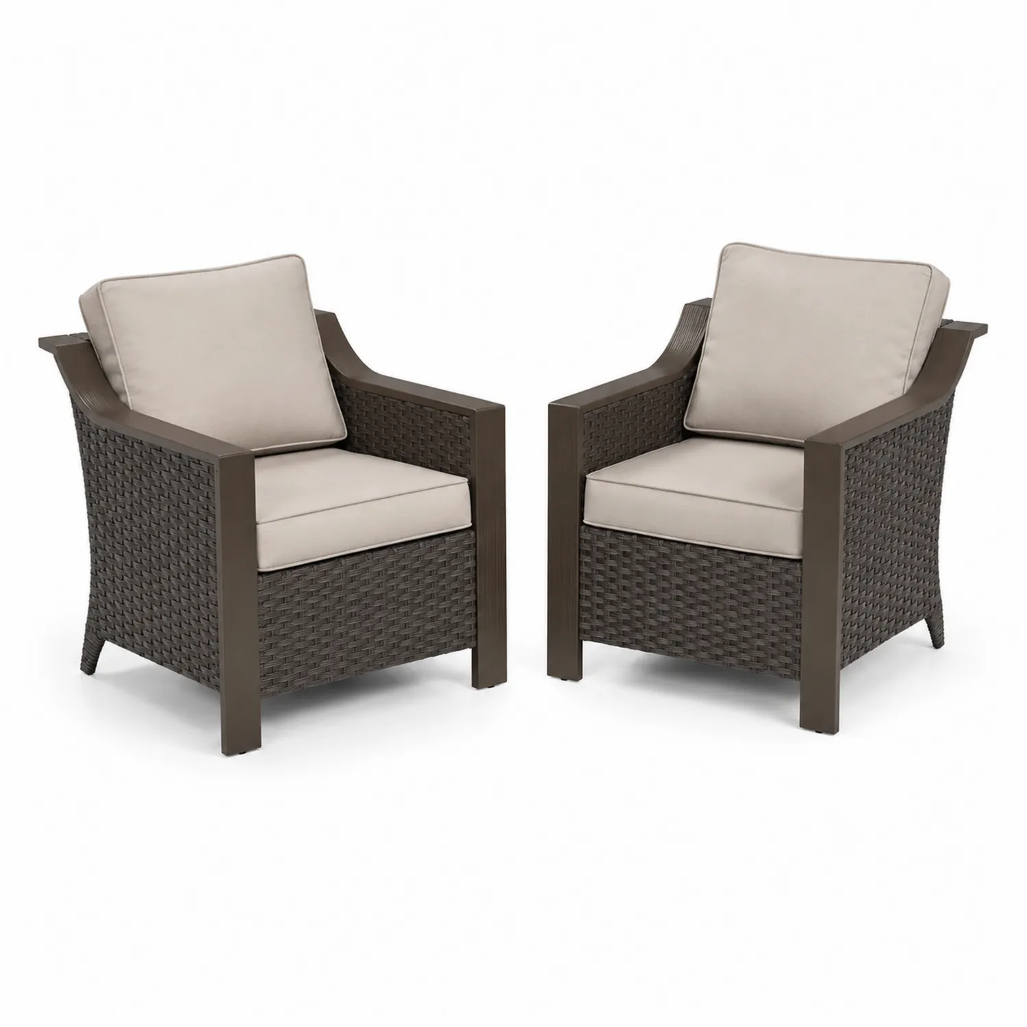 Lot de 2 fauteuils en résine tressée marron avec coussins beiges