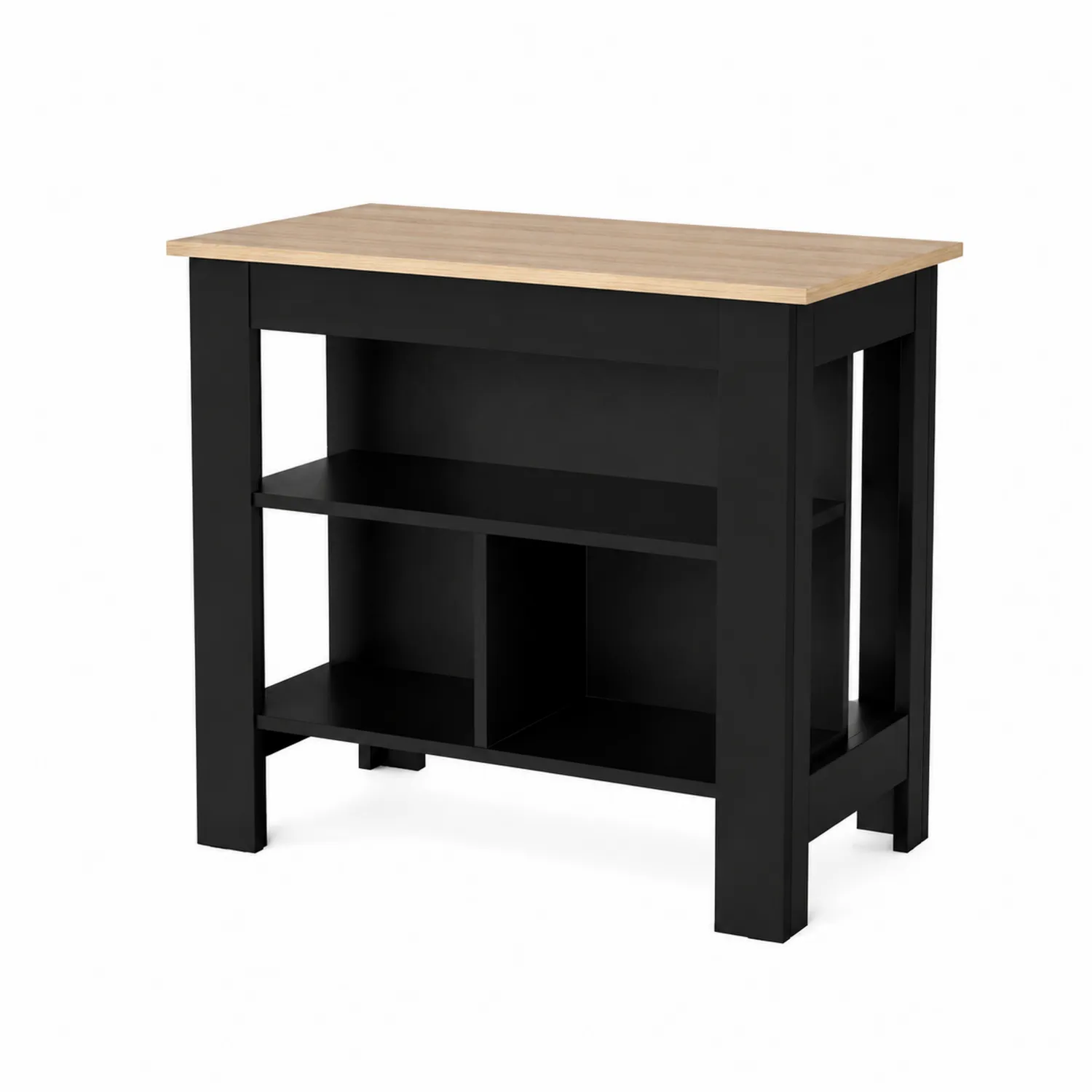Îlot de cuisine rectangulaire noir avec plateau en bois