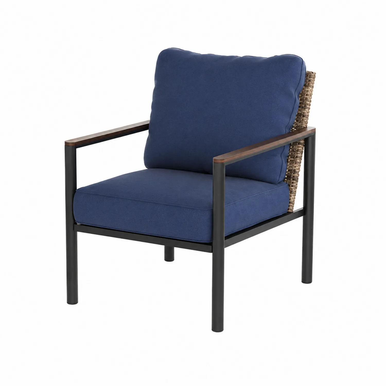 Fauteuil extérieur en métal avec coussins en polyester bleu et accoudoirs en bois
