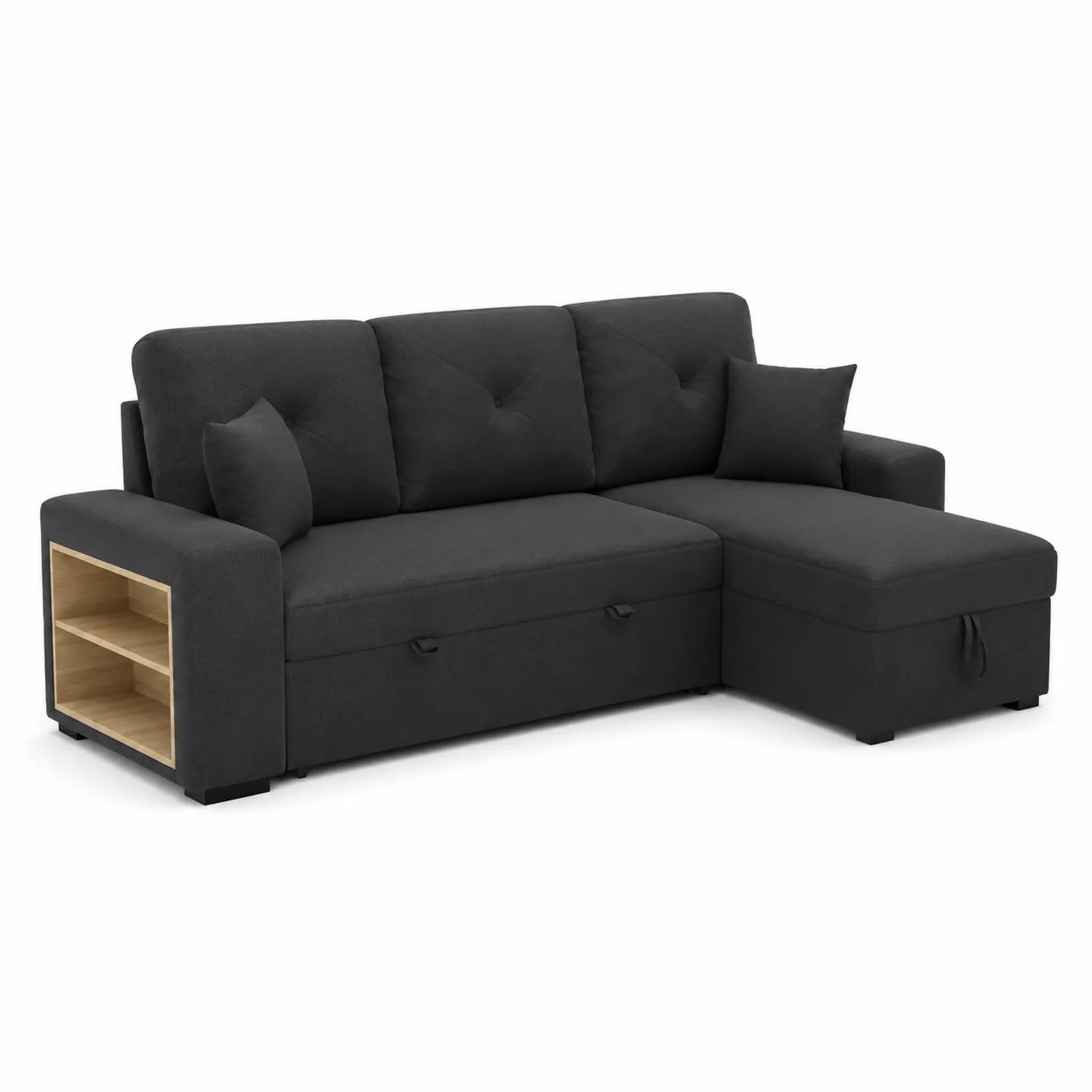 Canapé modulaire d'angle en tissu Noir avec rangement et étagère intégrée