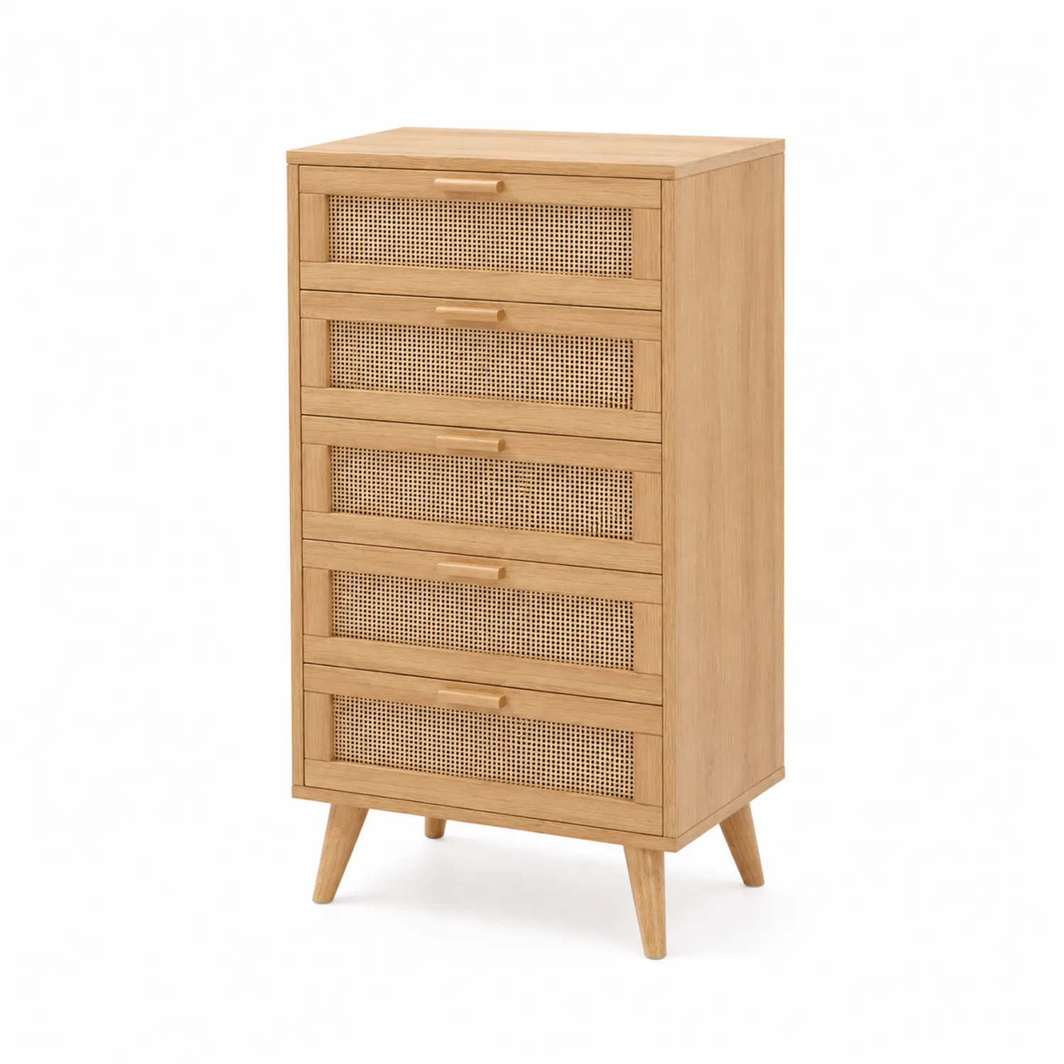 Commode haute 5 tiroirs en bois de chêne et rotin