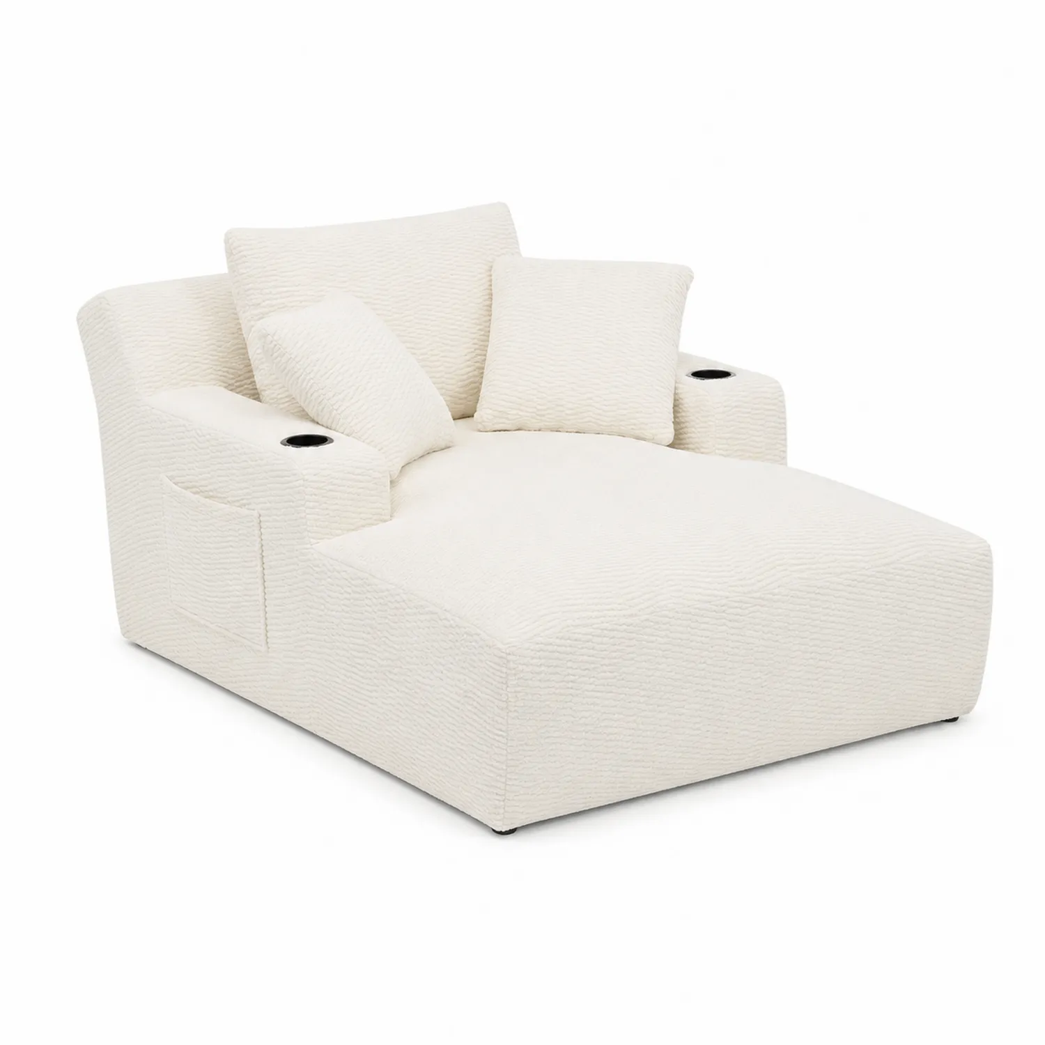 Méridienne en tissu chenille beige avec accoudoirs et coussins