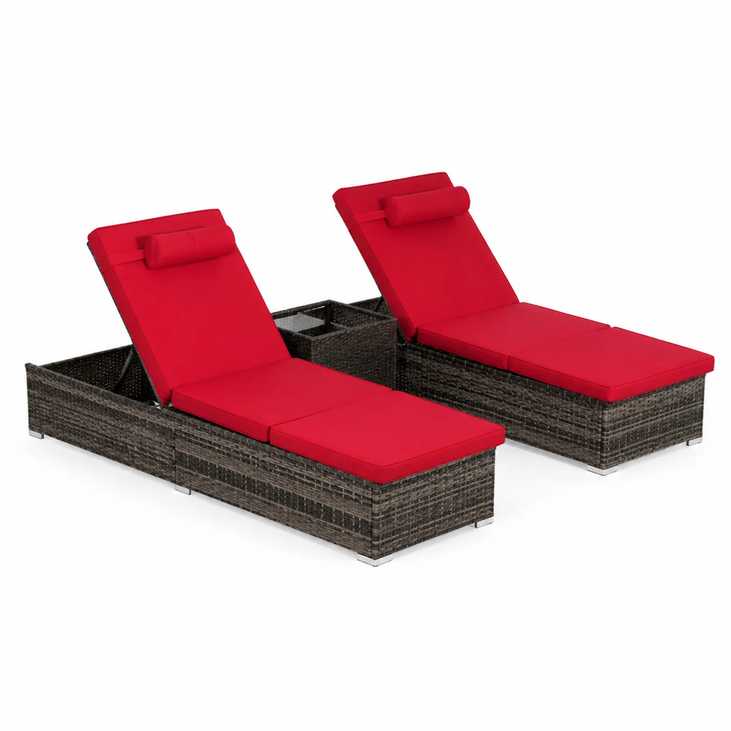 Ensemble de Chaises Longues en Rotin avec Coussins Rouges