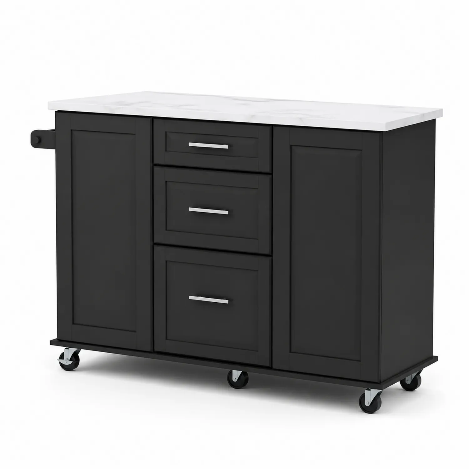 îlot de cuisine mobile bois noir avec dessus marbre synthétique