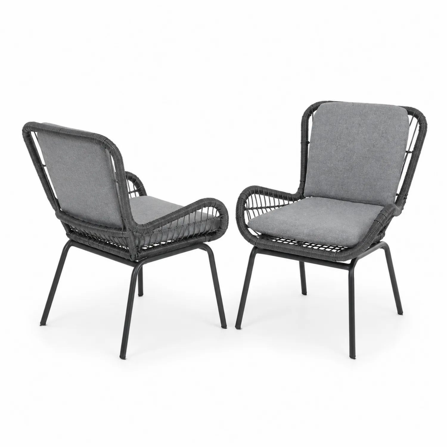 Ensemble de 2 chaises en rotin et acier noir avec coussins gris