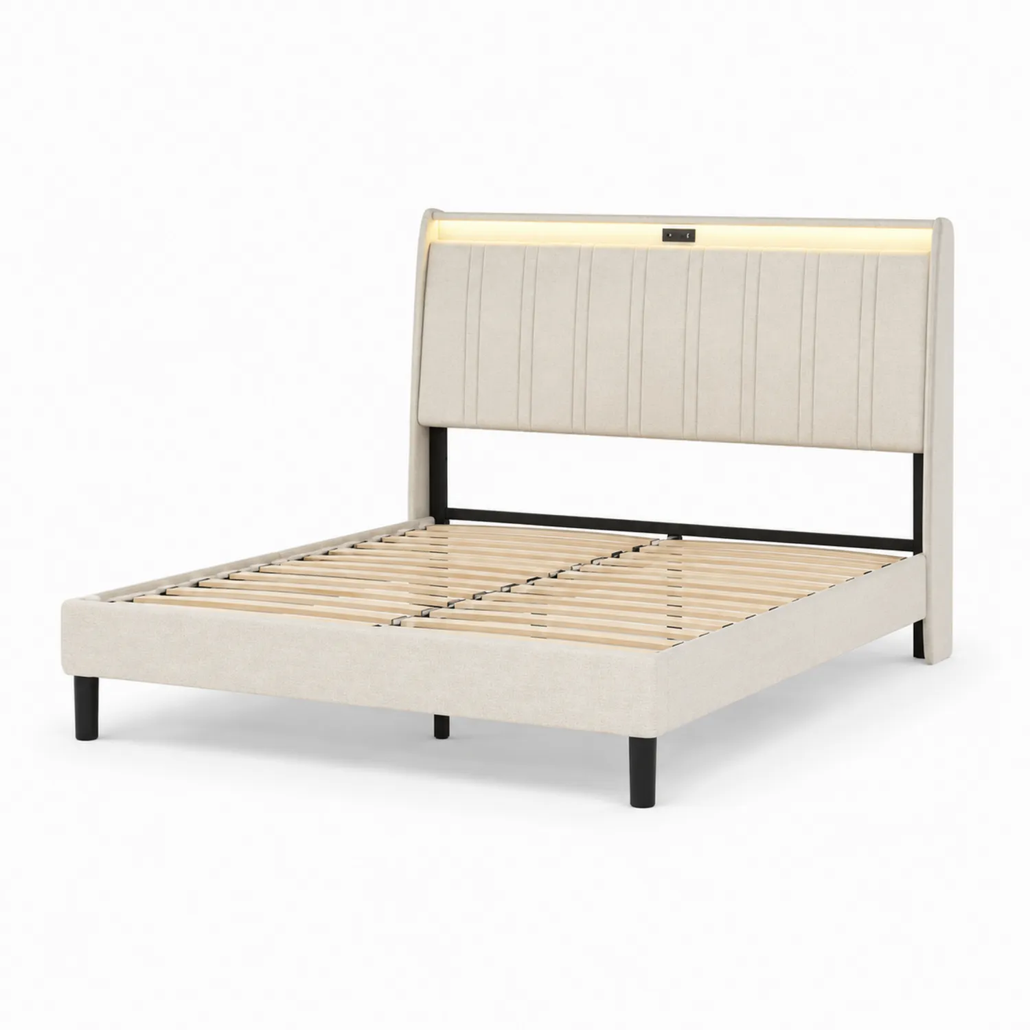 Lit Double en Bois et Tissu avec Éclairage LED et Port USB