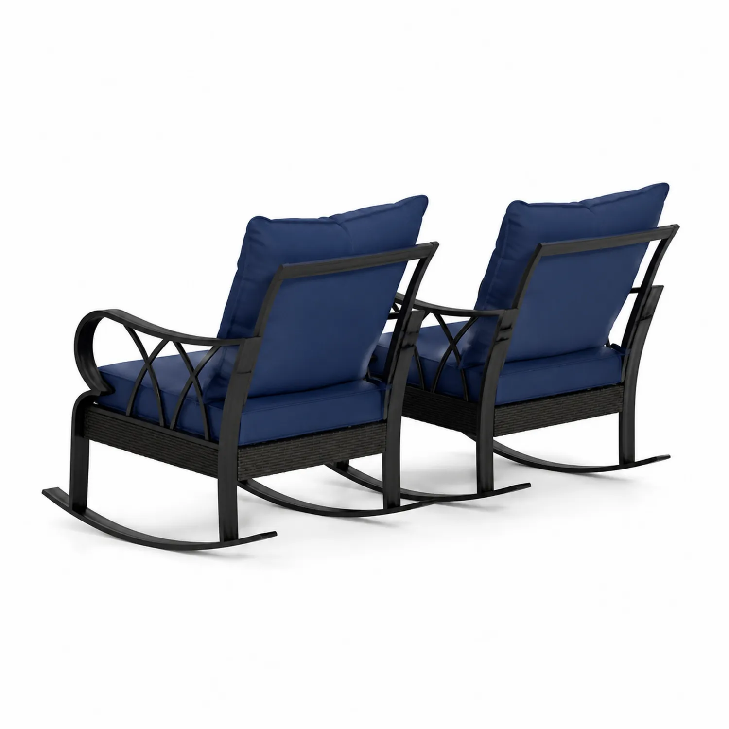 Lot de 2 chaises berçantes en métal avec coussins en polyester bleu