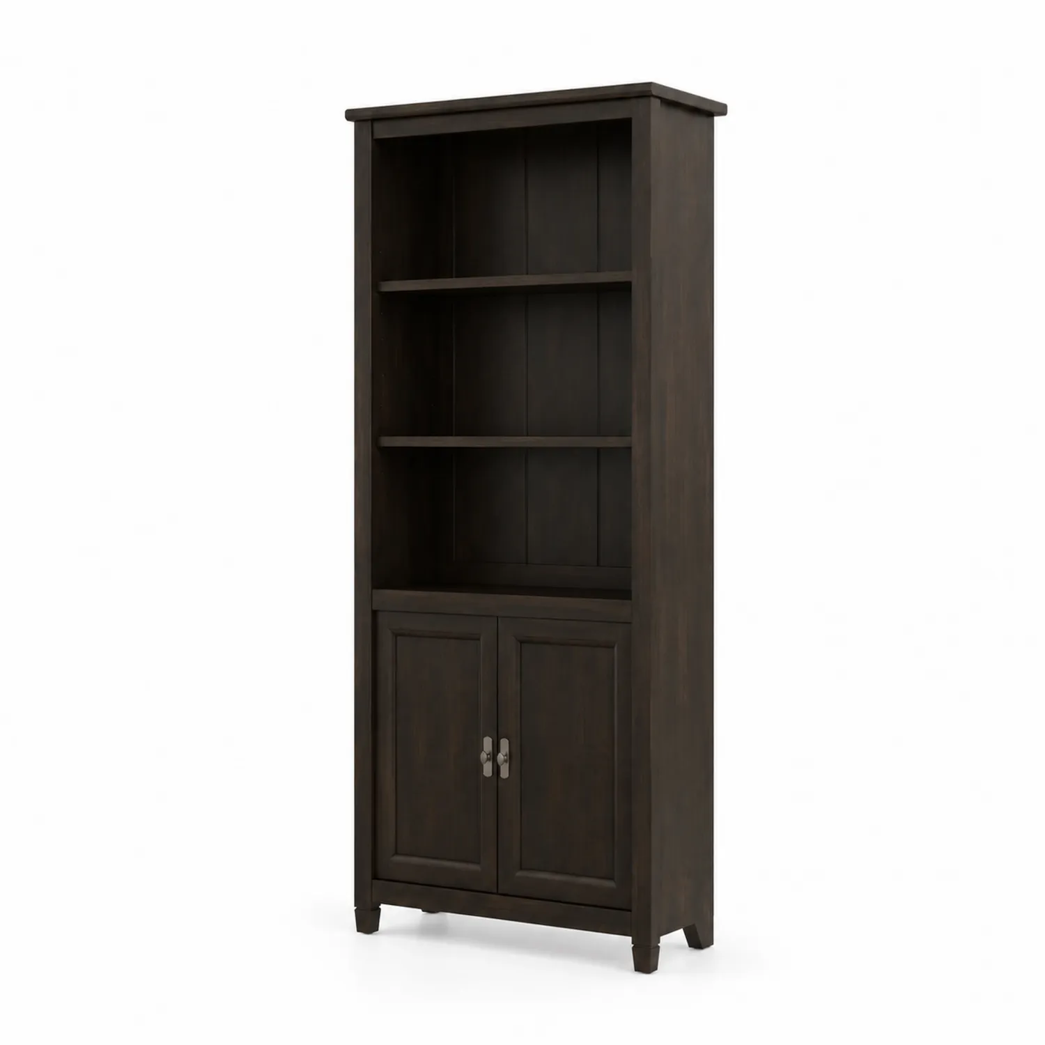 Bibliothèque en bois brun avec étagères et portes