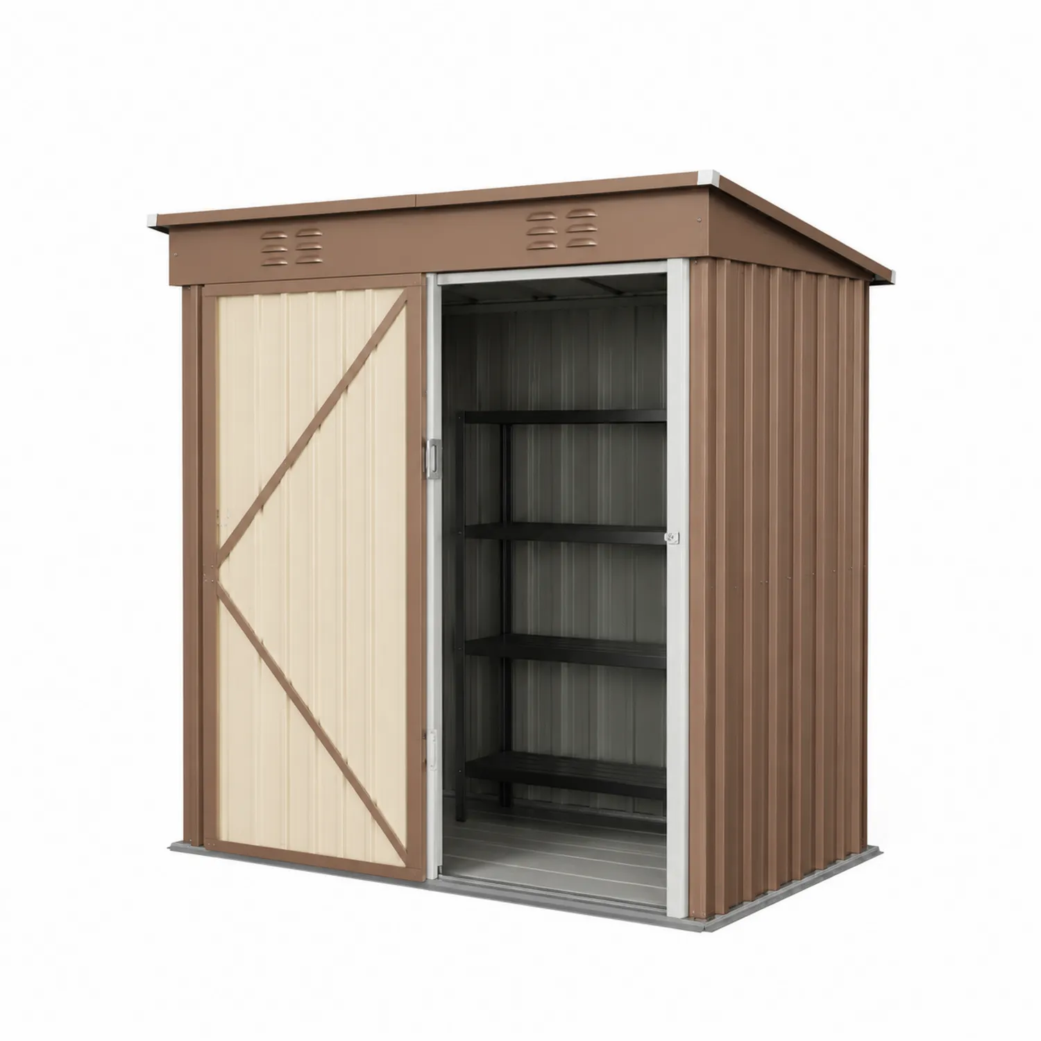 Abri de jardin en métal marron et beige avec portes coulissantes