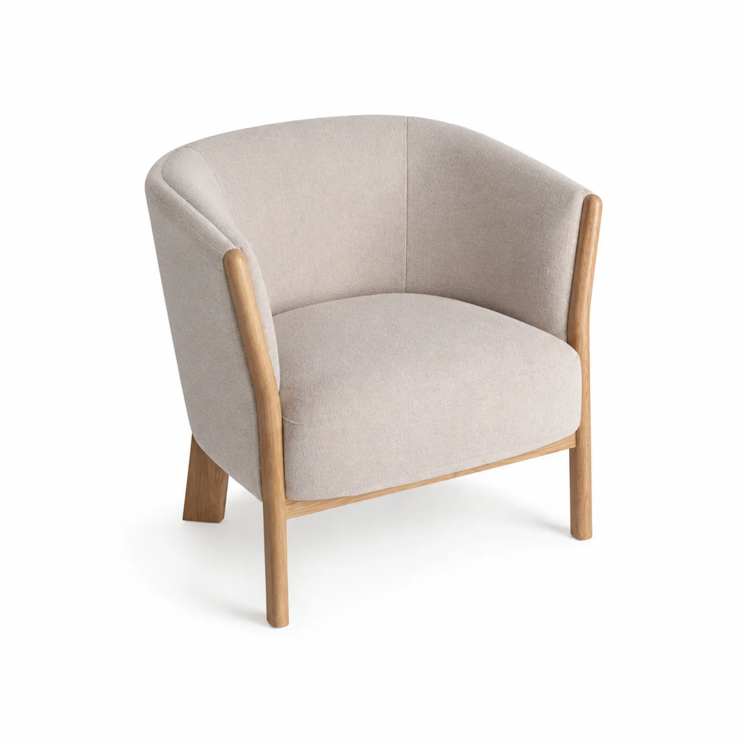Fauteuil arrondi en tissu polyester beige avec structure en chêne
