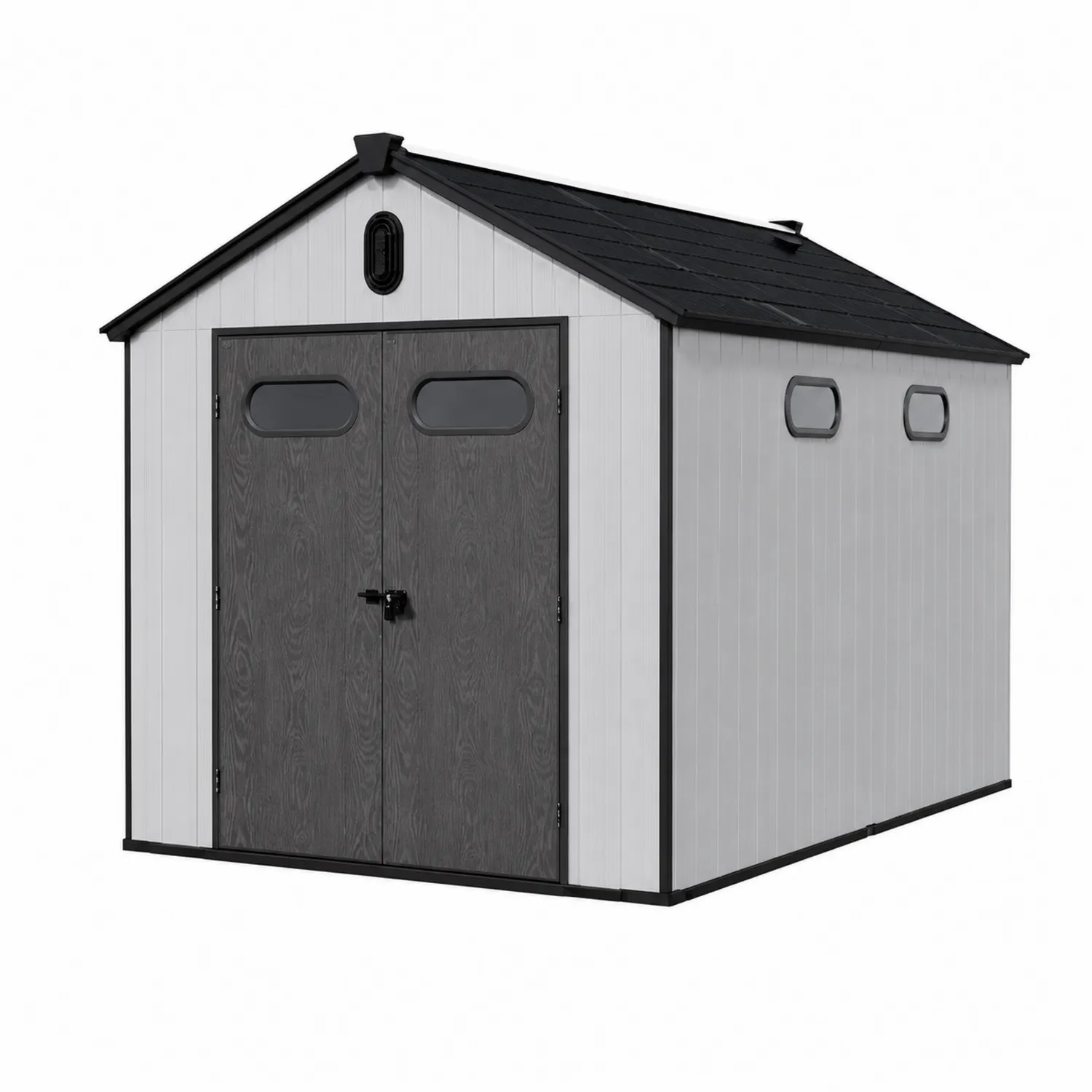 Abri de jardin en plastique gris et noir avec portes doubles