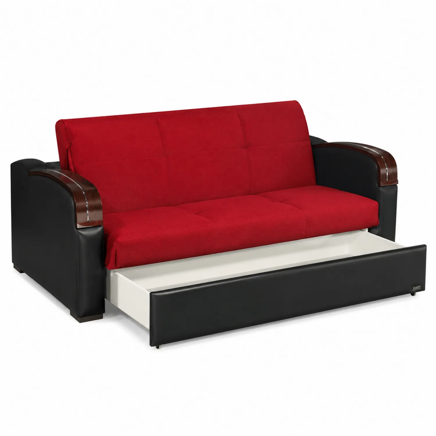 Canapé convertible rouge et noir avec accoudoirs en bois