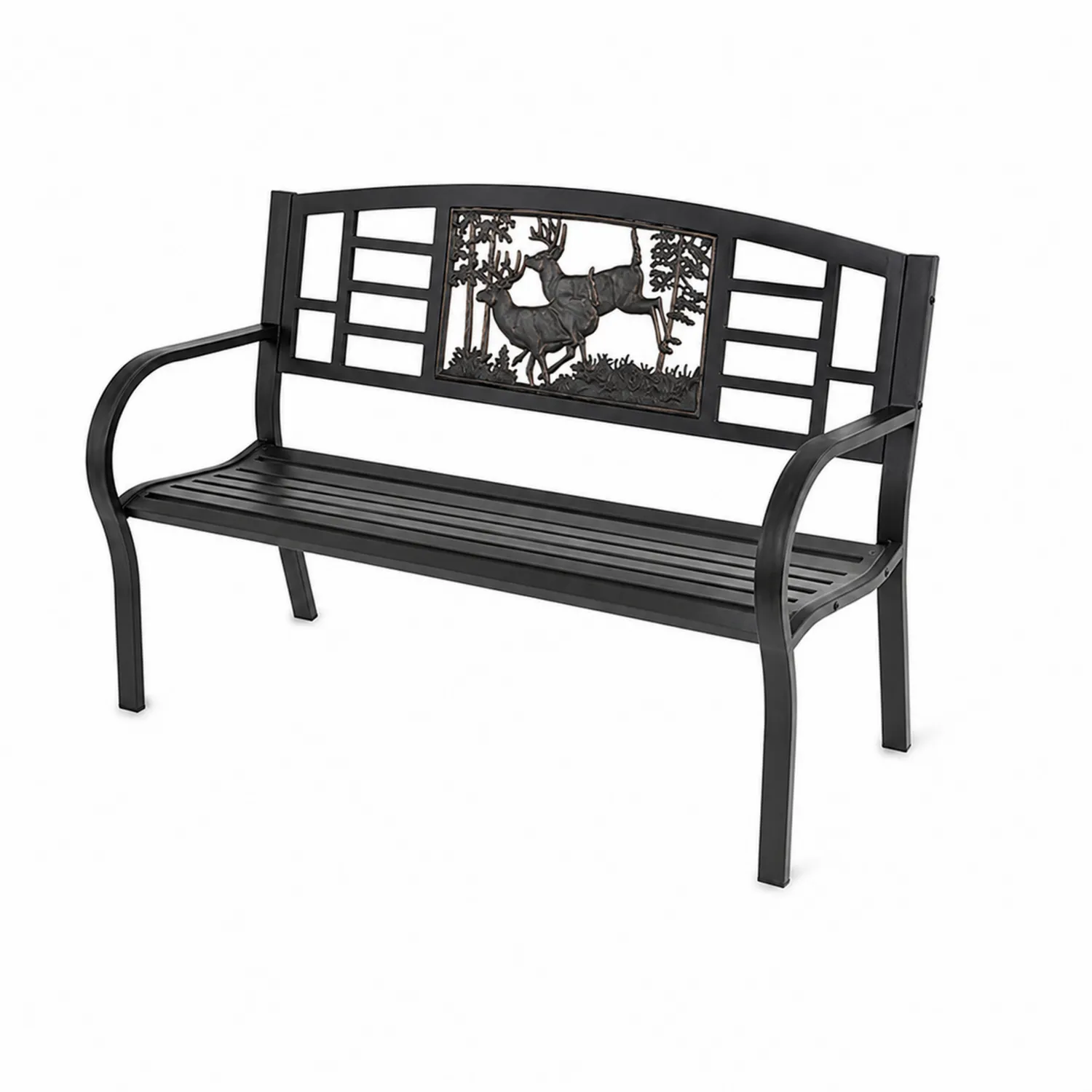 Banc d'extérieur en fer forgé noir avec motif cerf